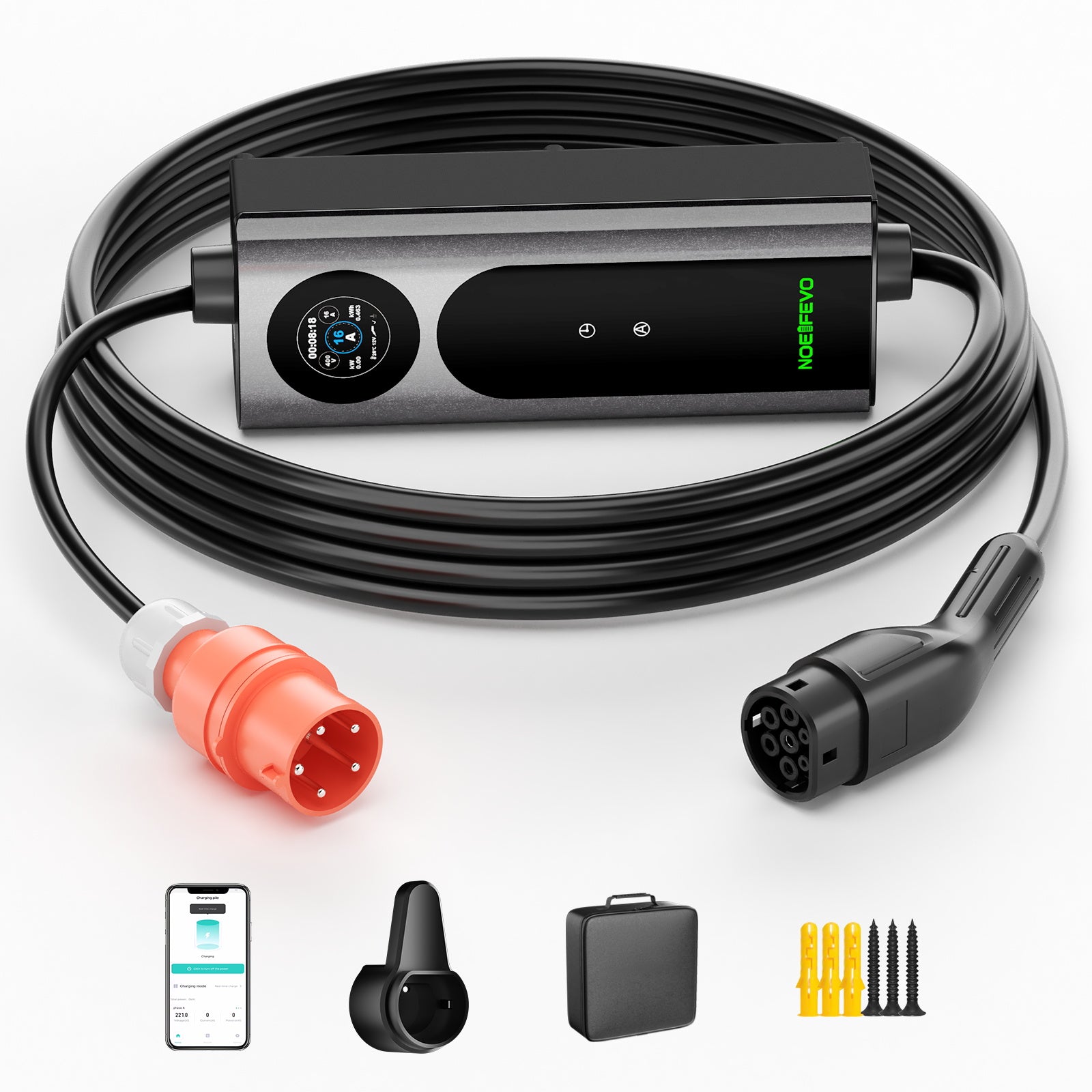 NOEIFEVO mobil veggboks 11kW med app [5m/10m | 3-fas | 6–16 A], ladekabel til elbil CEE-16A 400V til Type 2 med justerbar ladeeffekt, EV-lader for ID.3/4/5/7, IX1, Model 3/Y og andre BEV/PHEV