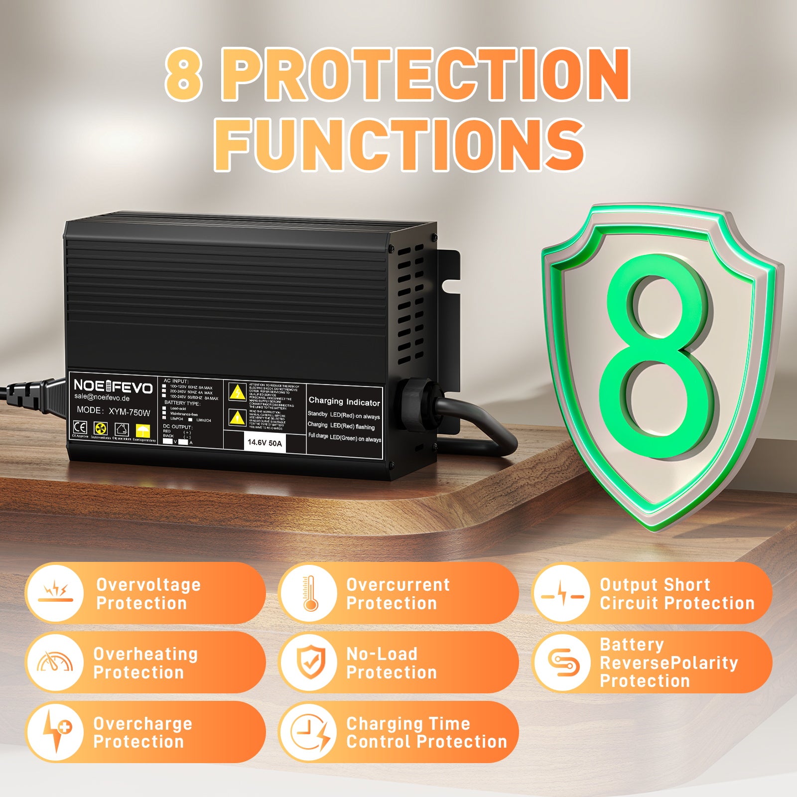 Noeifevo 14,6V 50A Rask Lithium LiFePO4-batterilader for 12V(12,8V) LiFePO4-batteri, 0V BMS-aktivering, automatisk avstenging med full beskyttelse