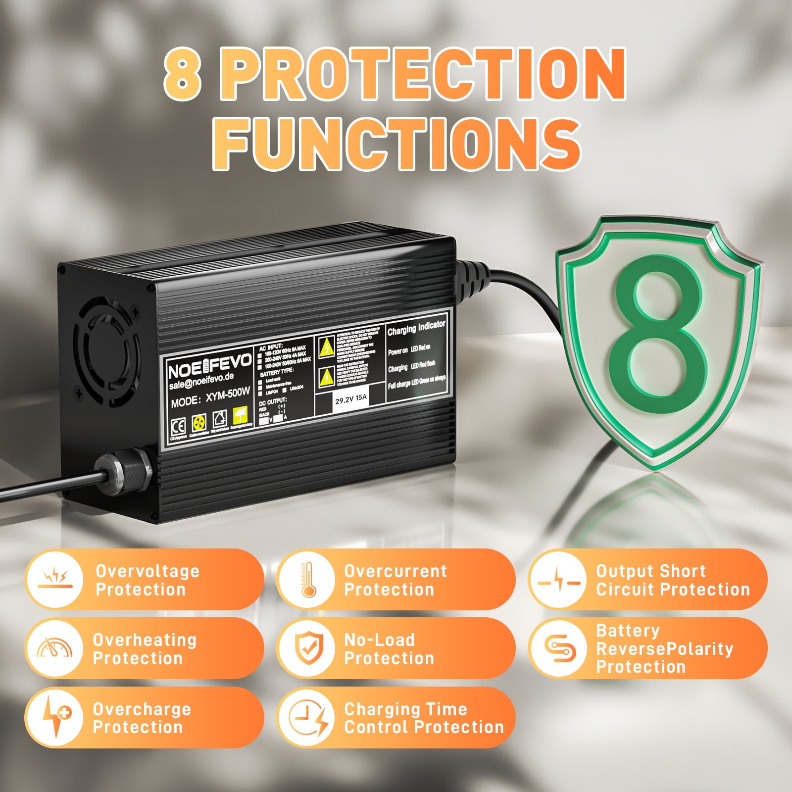 Noeifevo 29.2V 15A LiFePO4 Akku Ladegerät für 24V 25.6V Lithium Batterie,0V BMS Aktivieren, Automatische Abschaltung mit Vollschutz