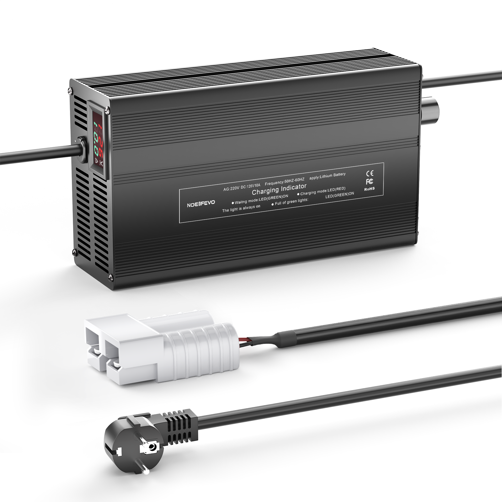 NOEIFEVO 126V 1A-10A nabíječka pro lithium-iontové baterie, vhodná pro 111V 30S lithium-baterie Li-Ion-LiPo, LCD displej, nastavitelný proud.