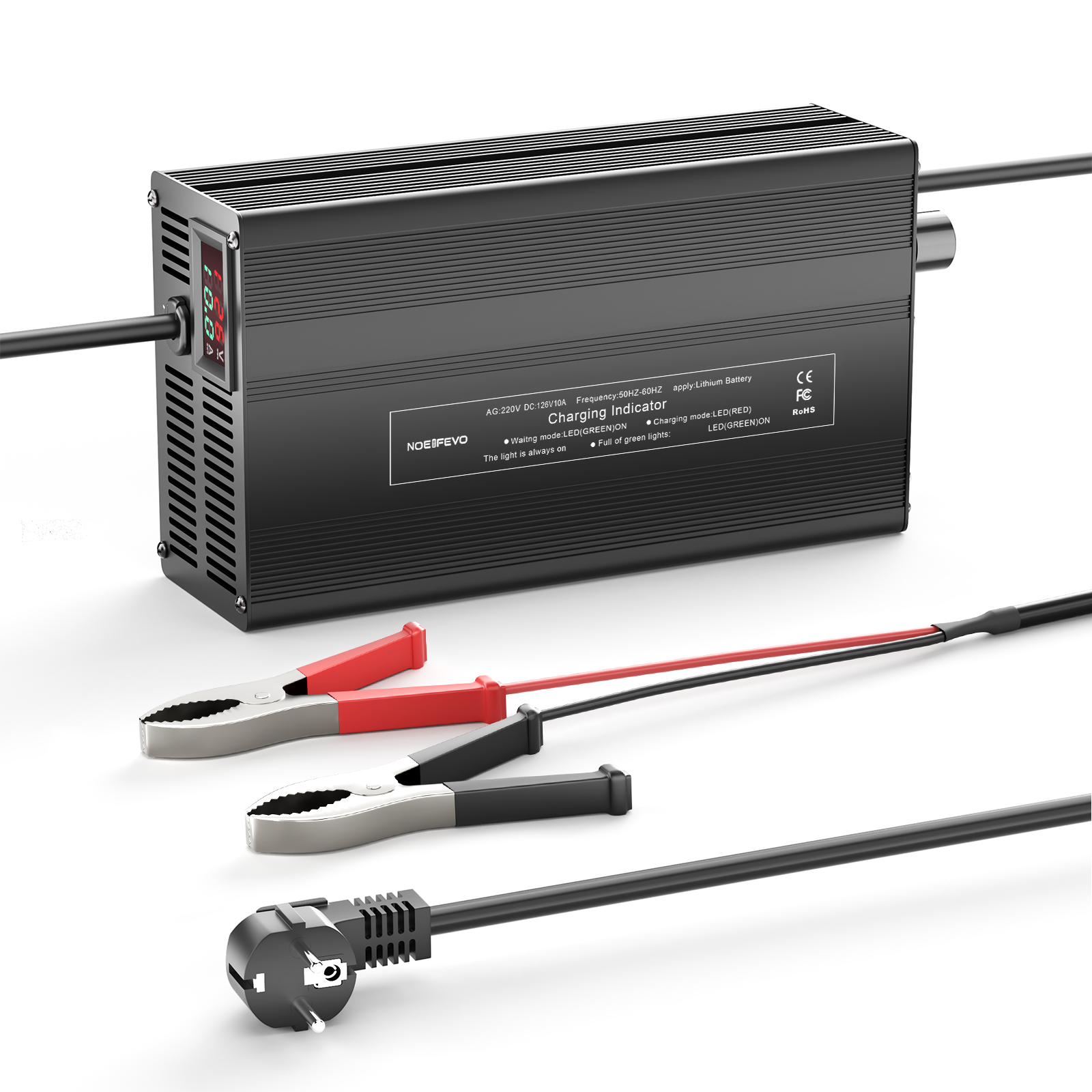 NOEIFEVO 126V 1A-10A nabíječka pro lithium-iontové baterie, vhodná pro 111V 30S lithium-baterie Li-Ion-LiPo, LCD displej, nastavitelný proud.