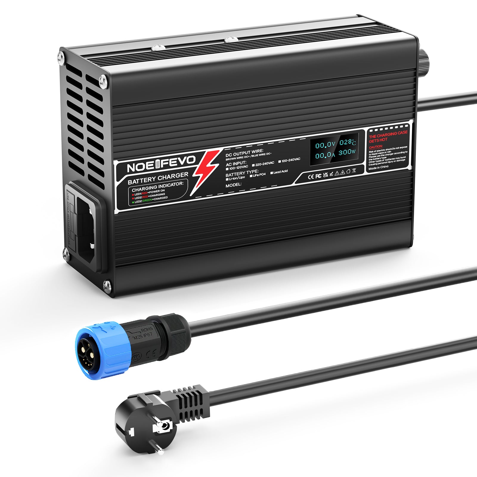 NOEIFEVO 29,4V 2A litiumladdare för 7S 25,9V Li-Ion Lipo-batterier, med LCD-skärm, kylfläkt och automatisk avstängning