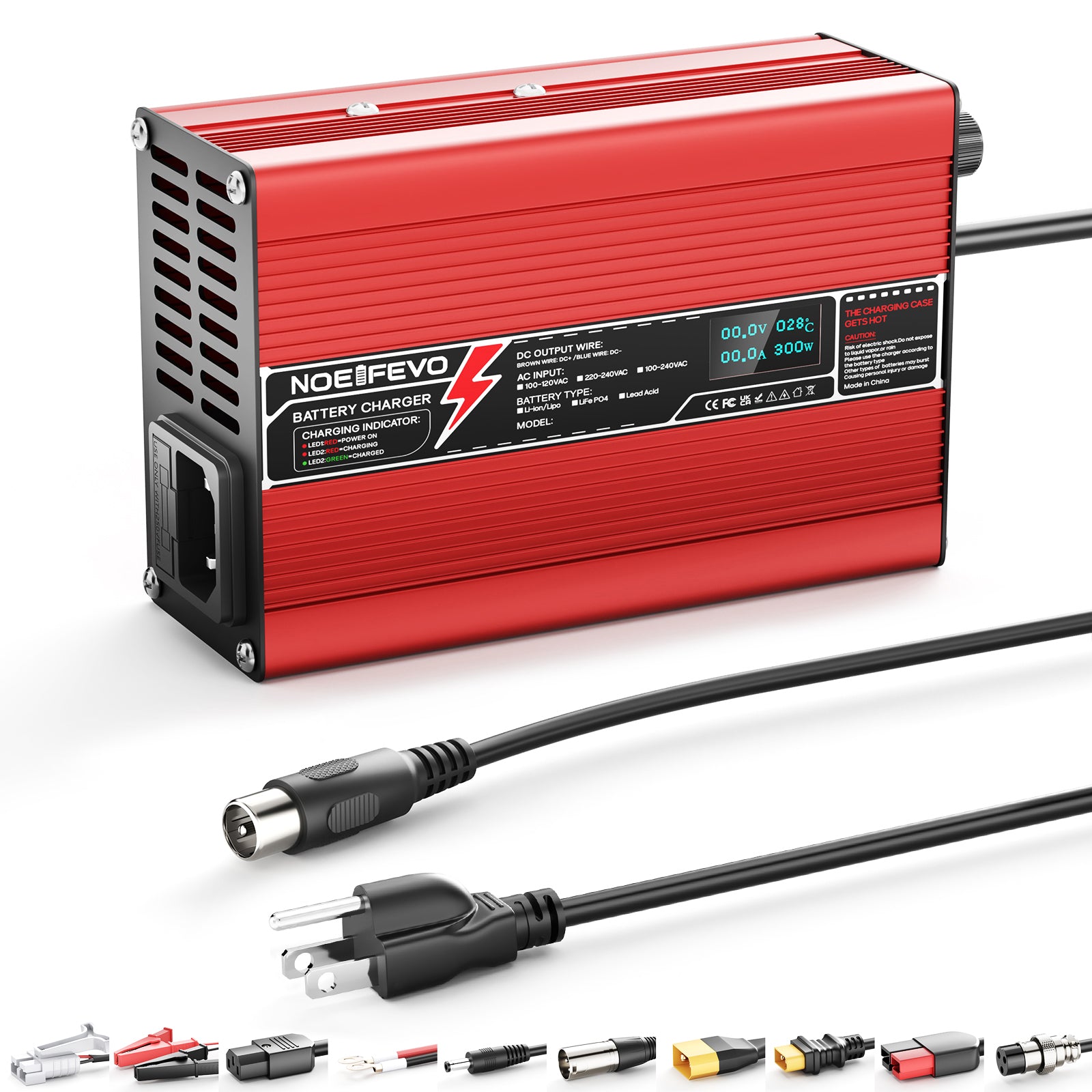 NOEIFEVO 41.4V-44.1V 2A 3A 3.5A 4A Olověný akumulátor nabíječka pro 36V olověnou baterii, s LCD displejem, chladicím ventilátorem, automatickým vypnutím(ČERVENÁ)