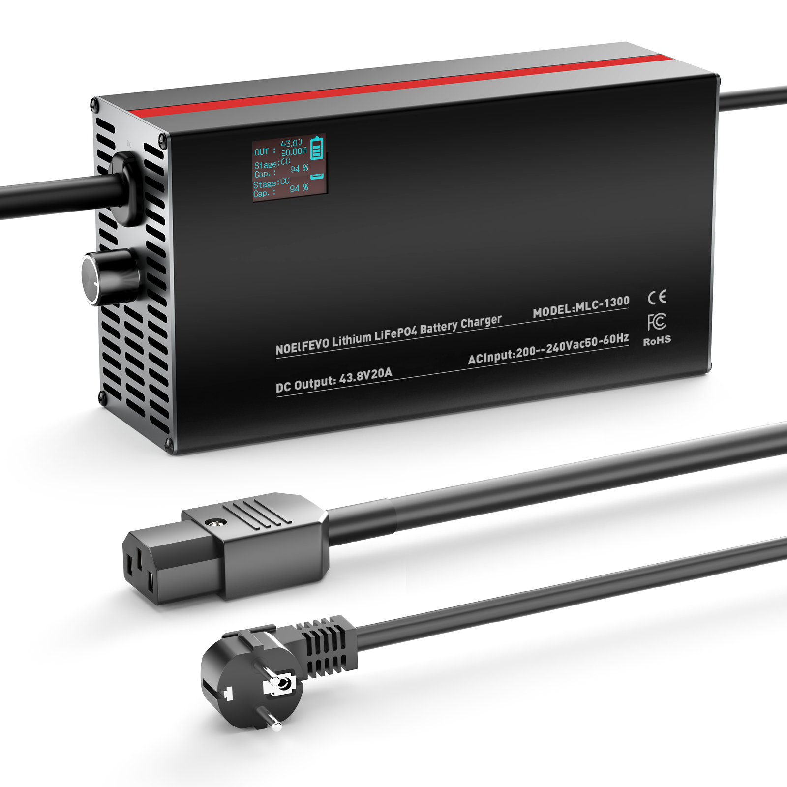 NOEIFEVO 43,8 V 2-20 A Lithium-LiFePO4 nabíječka pro 38,4 V 12S LiFePO4 baterii, LCD displej, nastavitelný proud, nabíječka pro golfové vozíky, trollingové motory, lodě a obytné vozy.