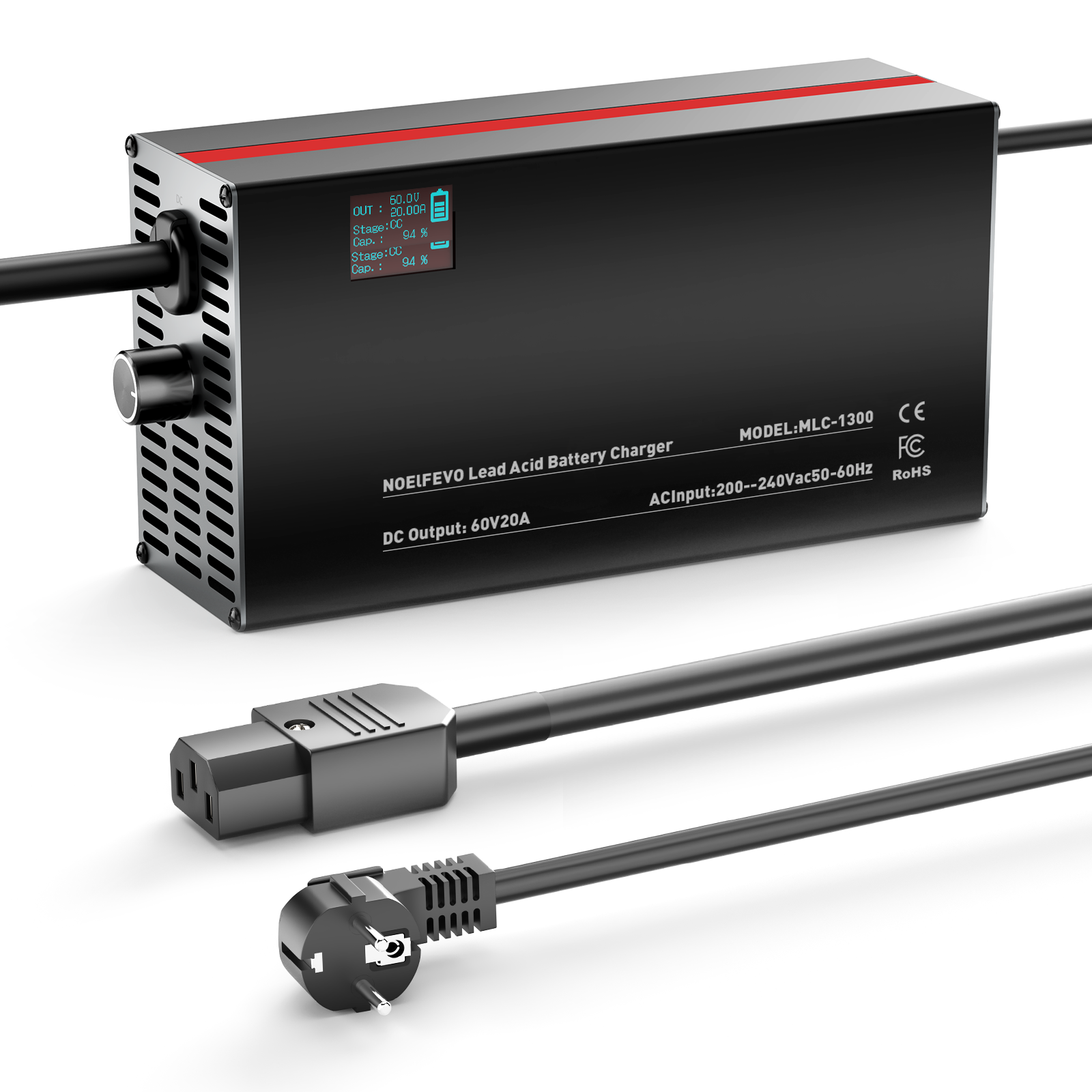 NOEIFEVO 48V 2A-20A Strømadjusterbart Batterilader for Blysyrebatterier, AGM, Gel, Golfbatterilader, LED-skjerm