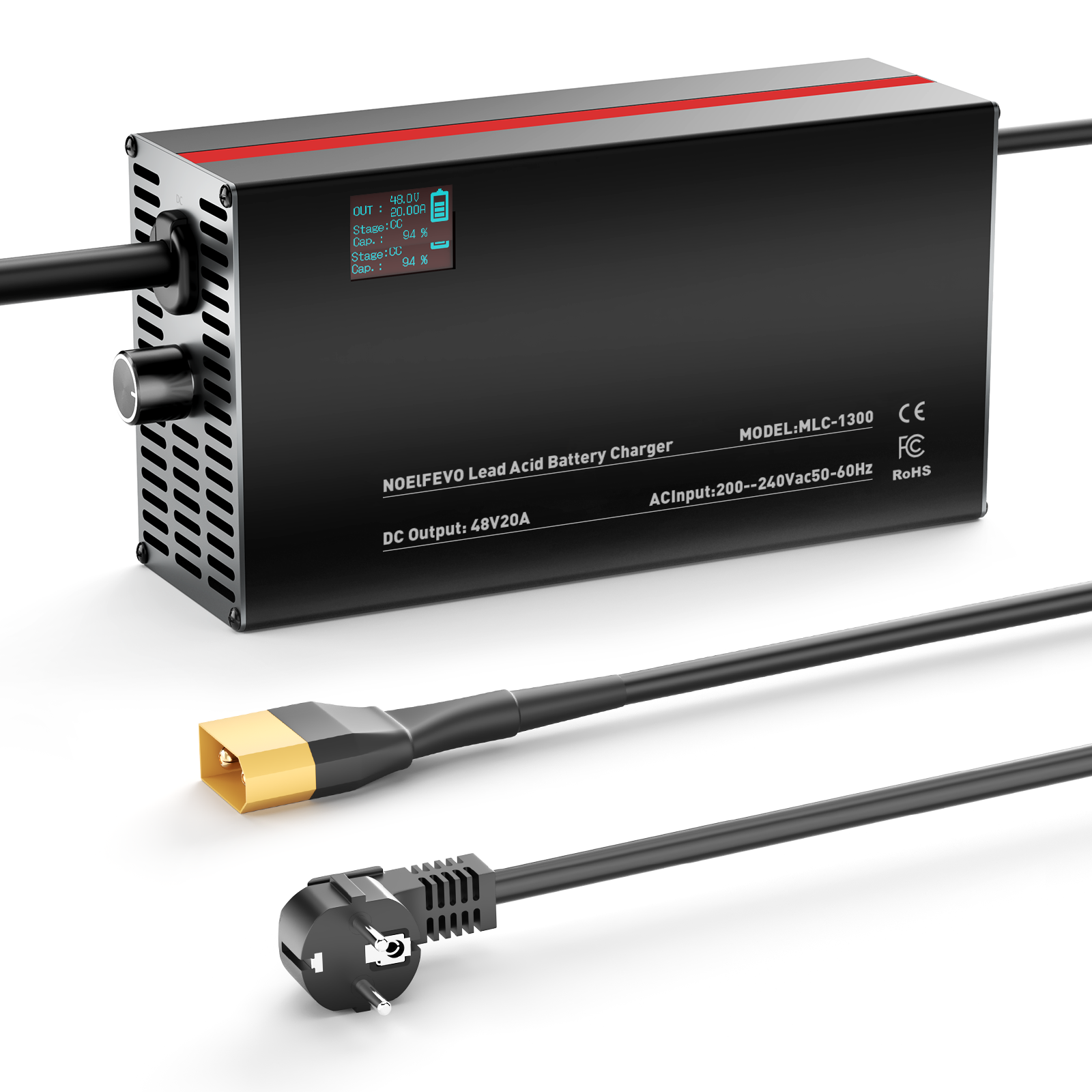 NOEIFEVO 48V 2A-20A Strømadjusterbart Batterilader for Blysyrebatterier, AGM, Gel, Golfbatterilader, LED-skjerm