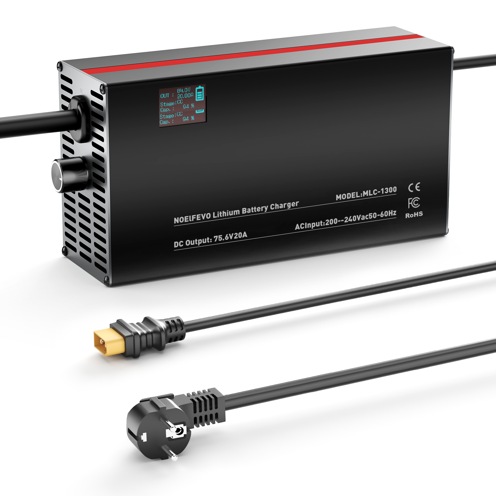 NOEIFEVO 84V 2-20A Carregador de Bateria de Lítio para Bateria de Lítio Li-Ion Lipo 74V 20S, com Display LCD, Corrente Ajustável, Carregador para E-Bike, Scooter e Moto Elétrica