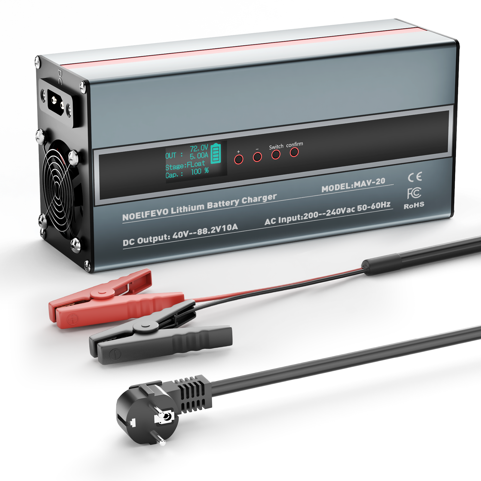 NOEIFEVO 2-10A Strom 42V-88,2V Spannung Einstellbar Li-Ion LiFePO4 Lithium-Ladegerät Für 36V 48V 60V 72V 74V Batterie（2025 Aktualisierte Version）