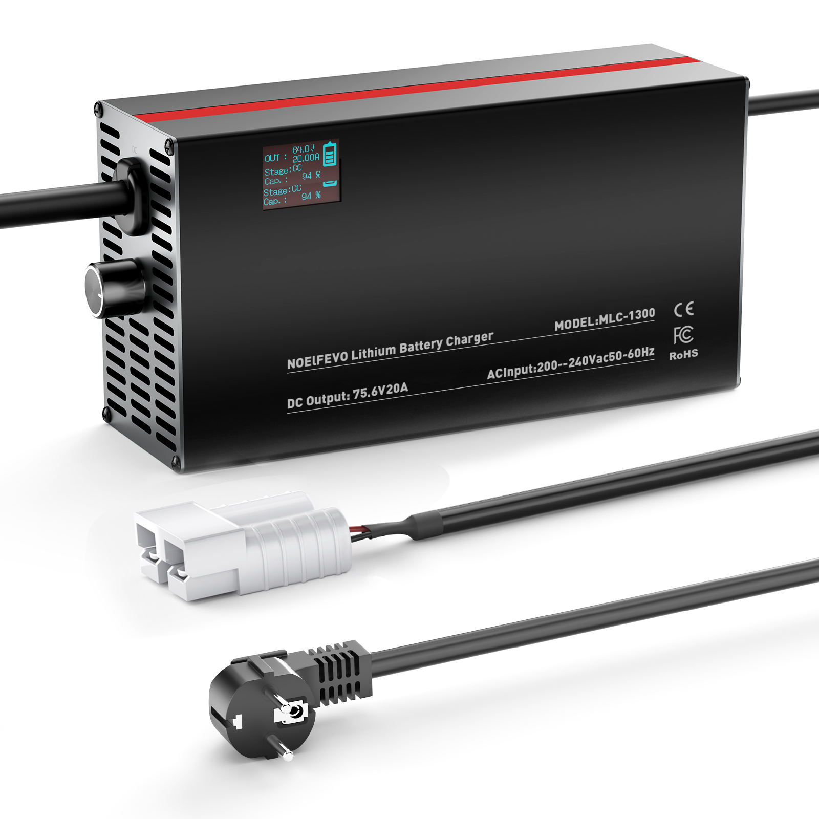 NOEIFEVO 84V 2-20A Carregador de Bateria de Lítio para Bateria de Lítio Li-Ion Lipo 74V 20S, com Display LCD, Corrente Ajustável, Carregador para E-Bike, Scooter e Moto Elétrica