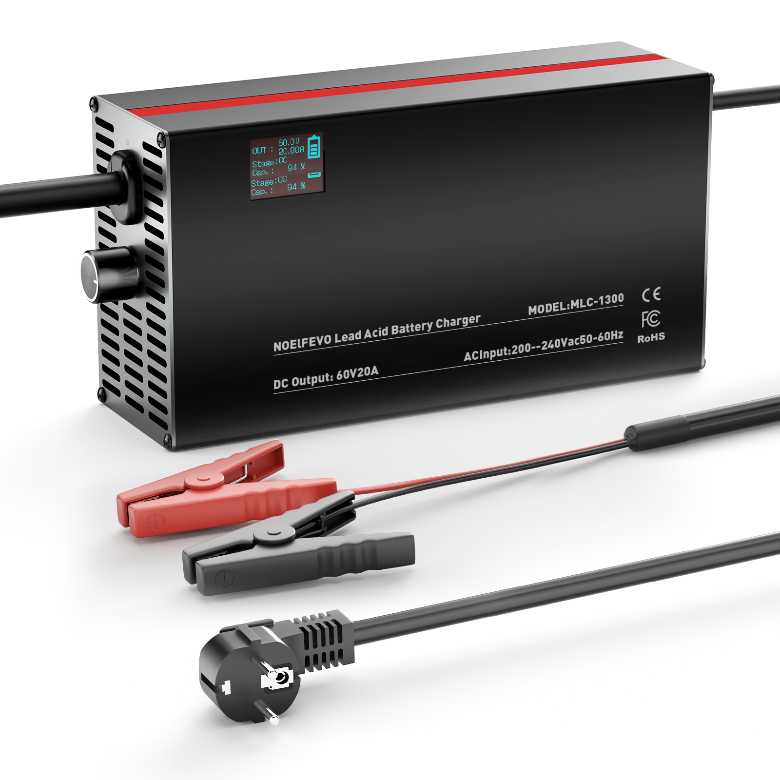 NOEIFEVO 48V 2A-20A Strømadjusterbart Batterilader for Blysyrebatterier, AGM, Gel, Golfbatterilader, LED-skjerm