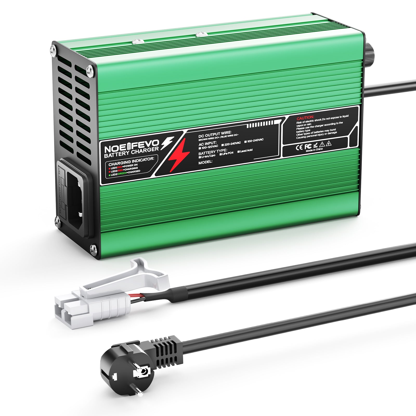 NOEIFEVO Cargador de batería LiFePO4 58.4V 3A para batería LiFePO4 16S 48V 51.2V, con ventilador de enfriamiento, apagado automático (VERDE)