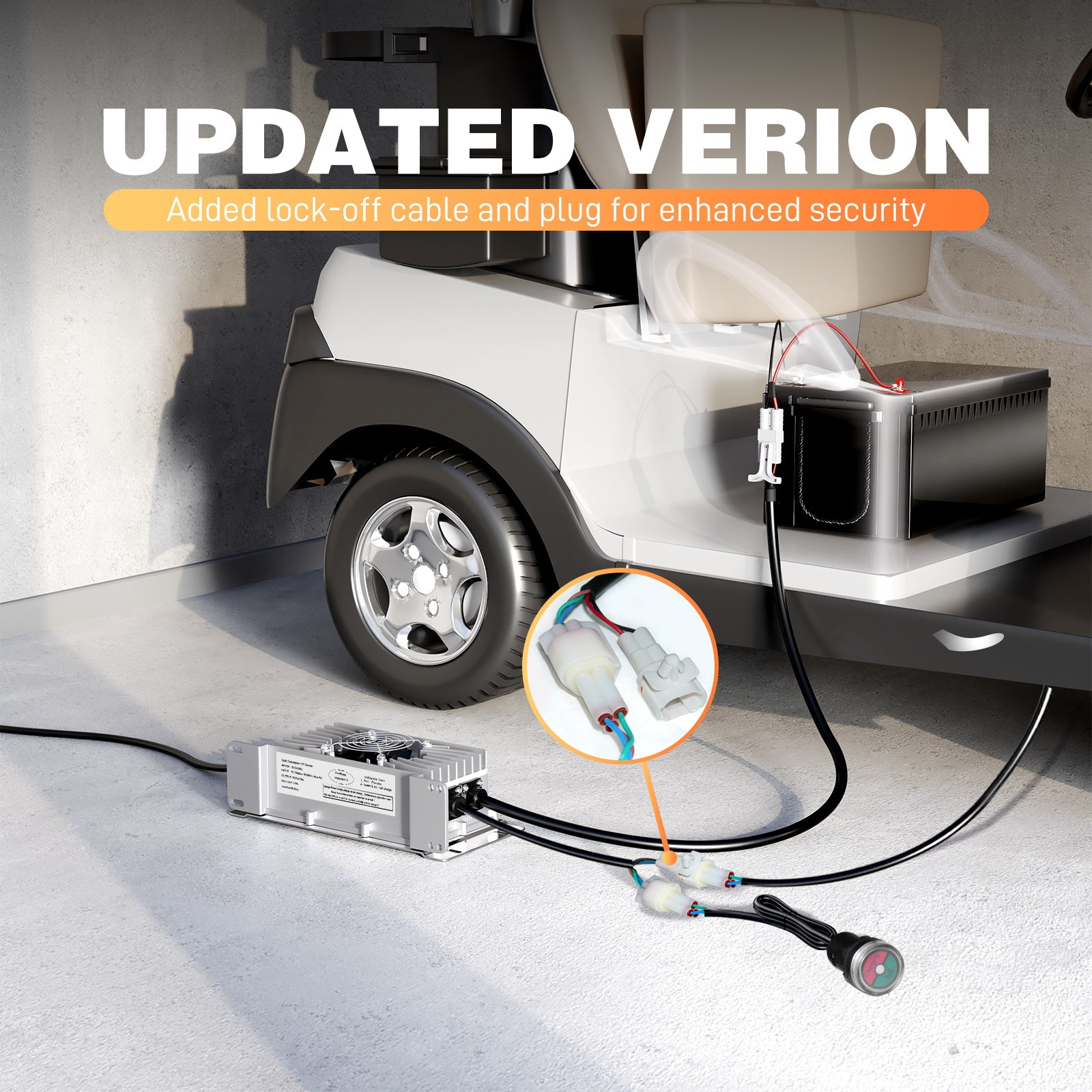 72V 15A Blei-Säure-Batterieladegerät, IP65 wasserdicht, mit Sicherungs-/Verriegelungskabel für Hubwagen, Bodenreinigungsmaschinen, Golfcarts und Gabelstapler