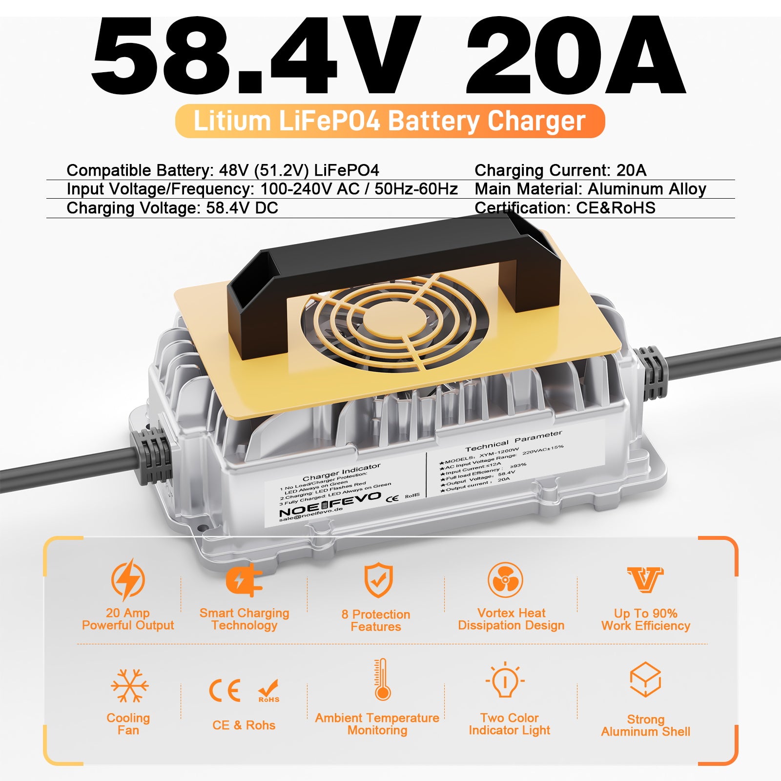 NOEIFEVO 58,4V 20A Lithium Lifepo4 nabíječka baterií pro 48V (51,2V)16S baterii, vodotěsná, 0 V BMS aktivace, automatické vypnutí s plnou ochranou