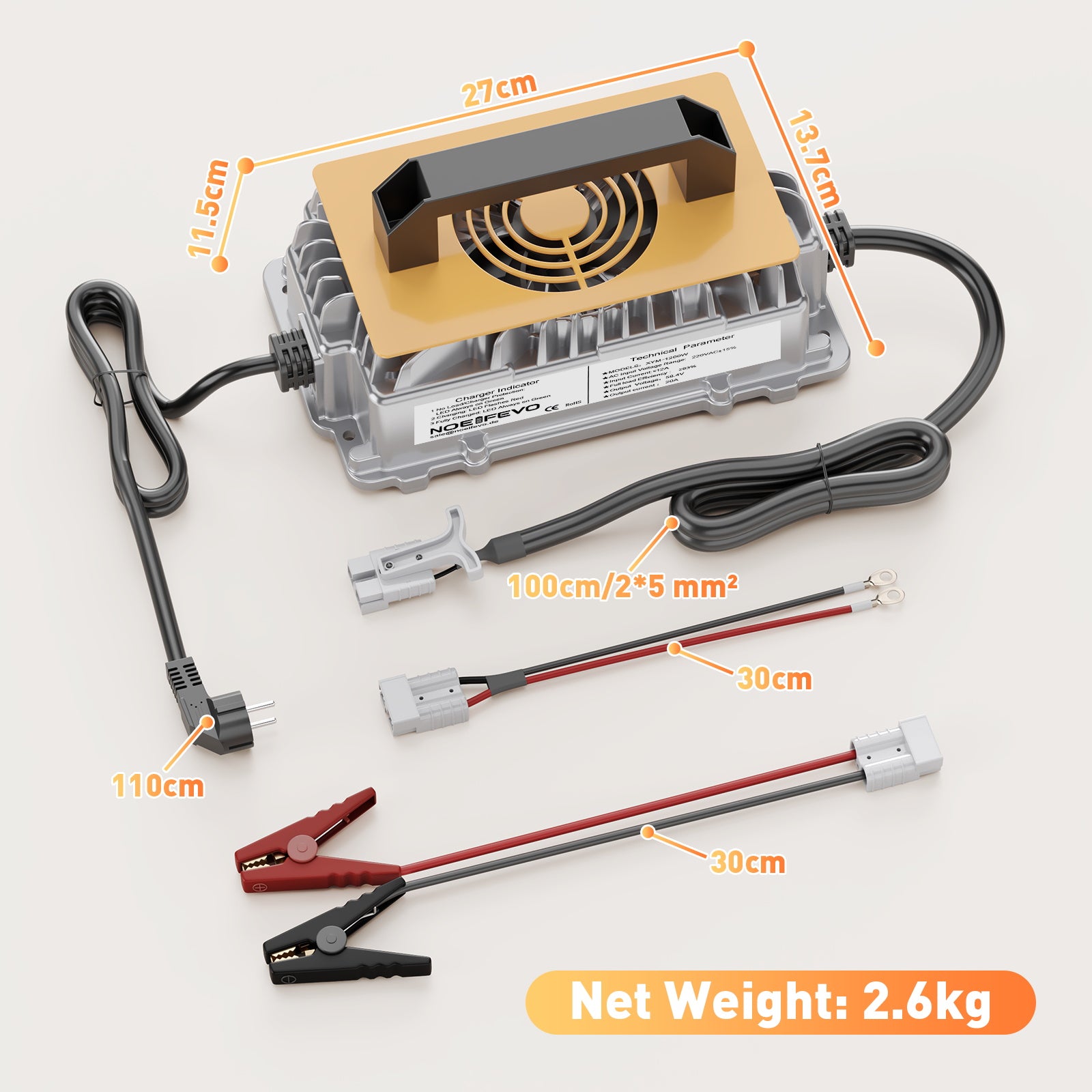 NOEIFEVO 58,4V 20A Lithium Lifepo4 nabíječka baterií pro 48V (51,2V)16S baterii, vodotěsná, 0 V BMS aktivace, automatické vypnutí s plnou ochranou