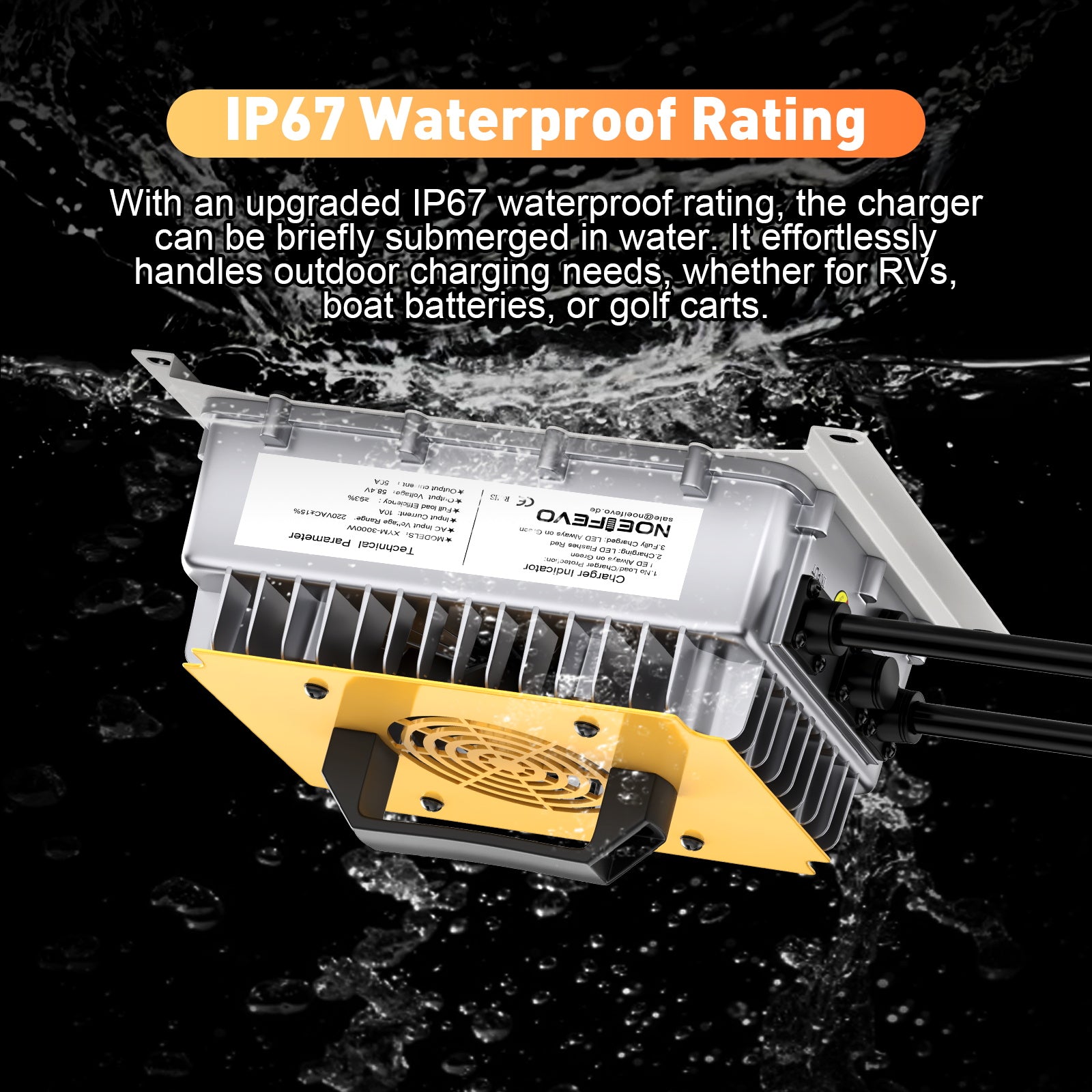 NOEIFEVO 58.4V 50A LiFePO4 akkulaturi 51.2V (48V) 16S LiFePO4 akulle, vedenpitävä, 0V BMS aktivoitu