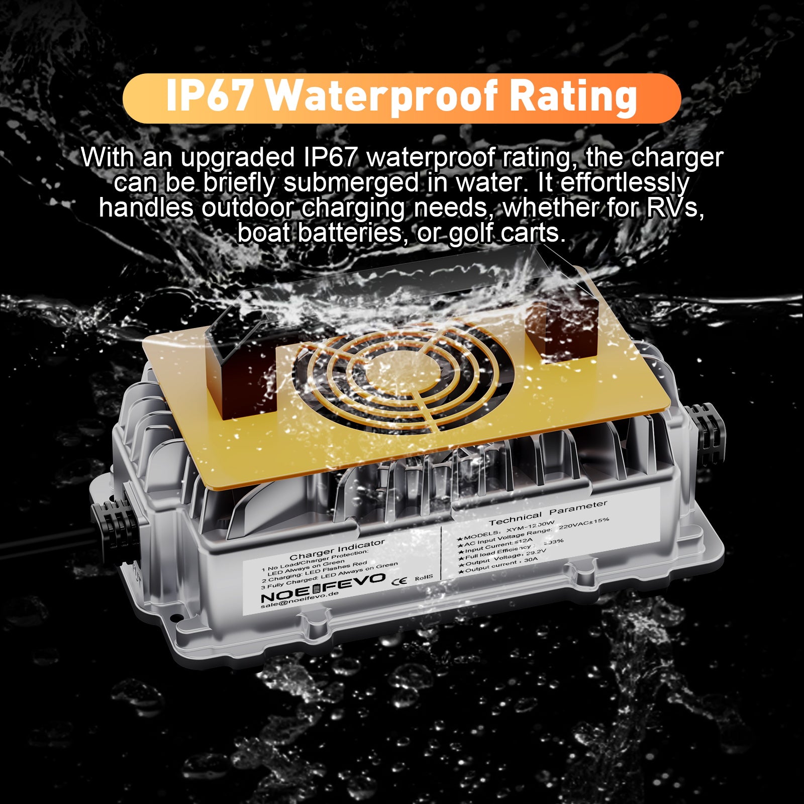 Noeifevo 29,2V 30A LiFePO4 nabíječka baterií pro 24V 25,6V lithiovou baterii, vodotěsná, 0V BMS aktivace, automatické vypnutí