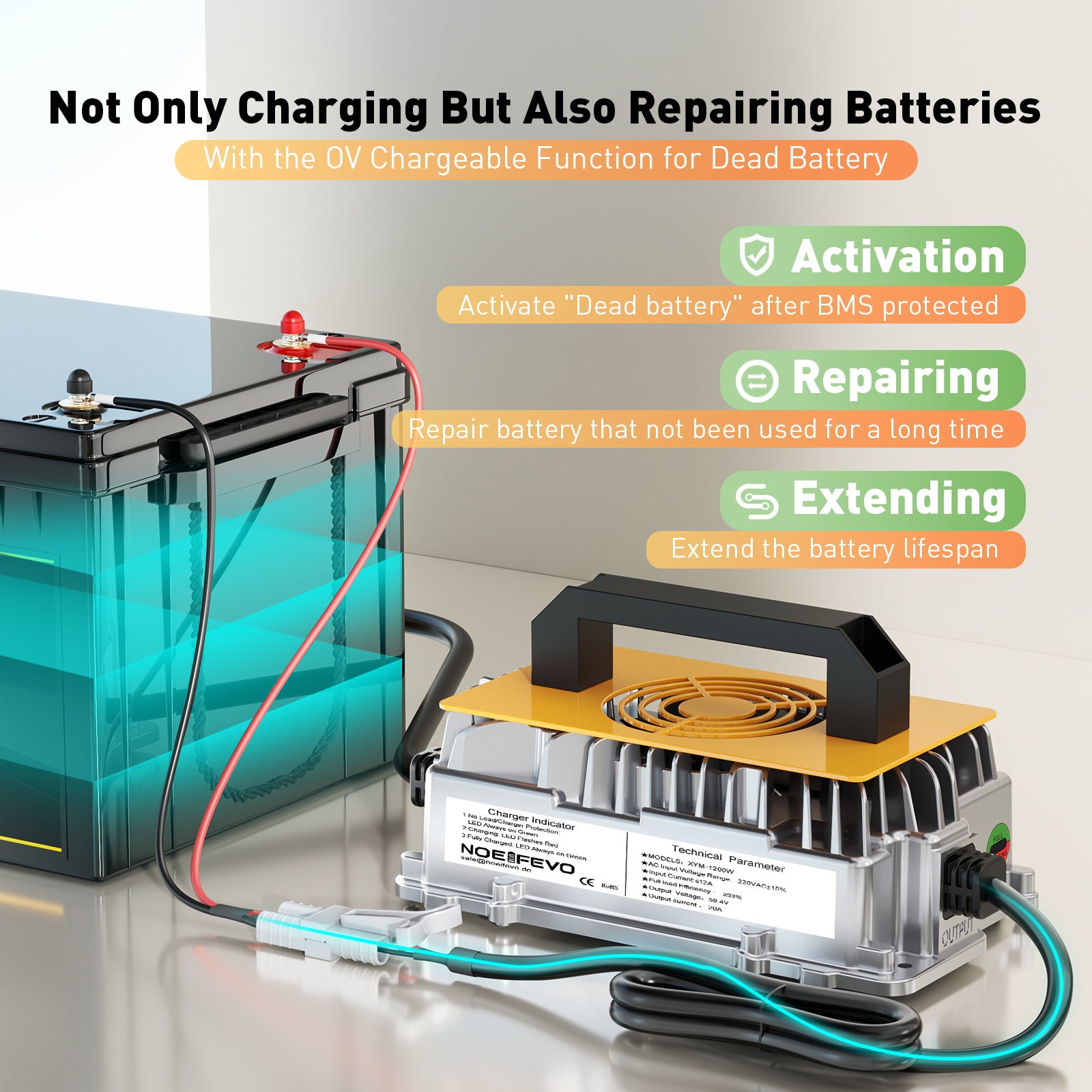 NOEIFEVO 58,4V 20A Lithium Lifepo4 nabíječka baterií pro 48V (51,2V)16S baterii, vodotěsná, 0 V BMS aktivace, automatické vypnutí s plnou ochranou