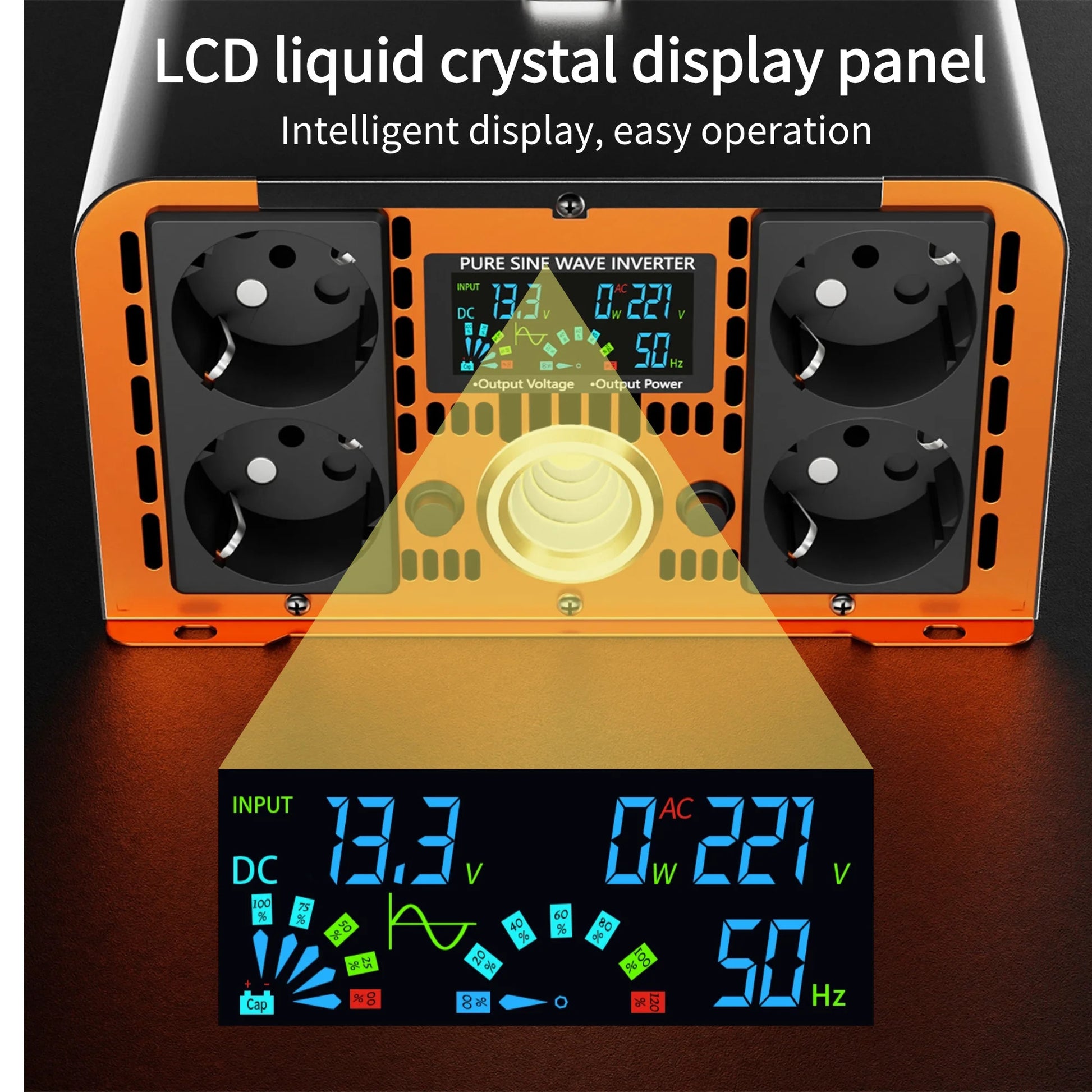 Inverter 5000W til 12000W ren sinus bølge spændingsomformer, 12V/24V/48V/60V/72V/96V til 230V, med LCD spændingsdisplay