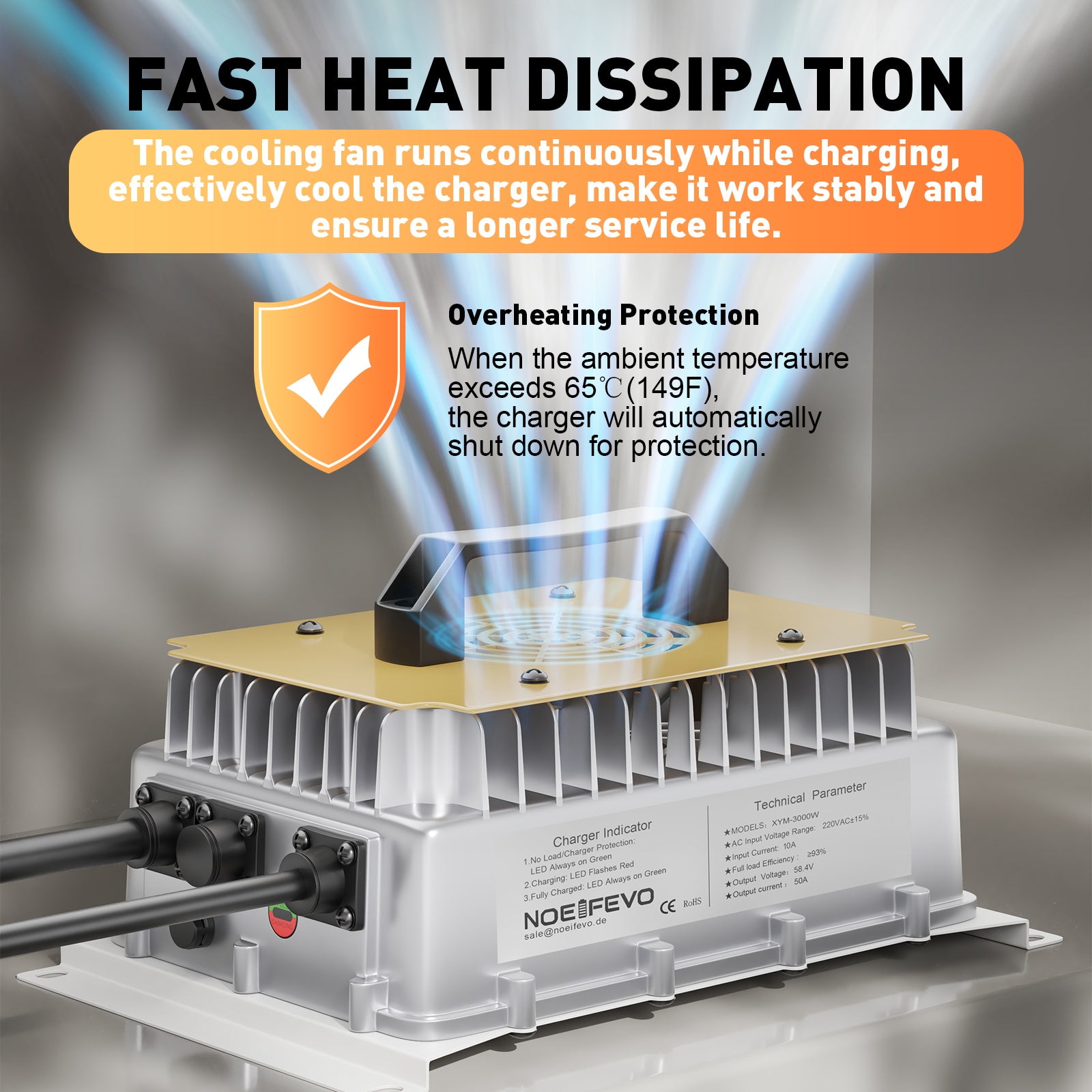 NOEIFEVO 58.4V 50A LiFePO4 akkulaturi 51.2V (48V) 16S LiFePO4 akulle, vedenpitävä, 0V BMS aktivoitu