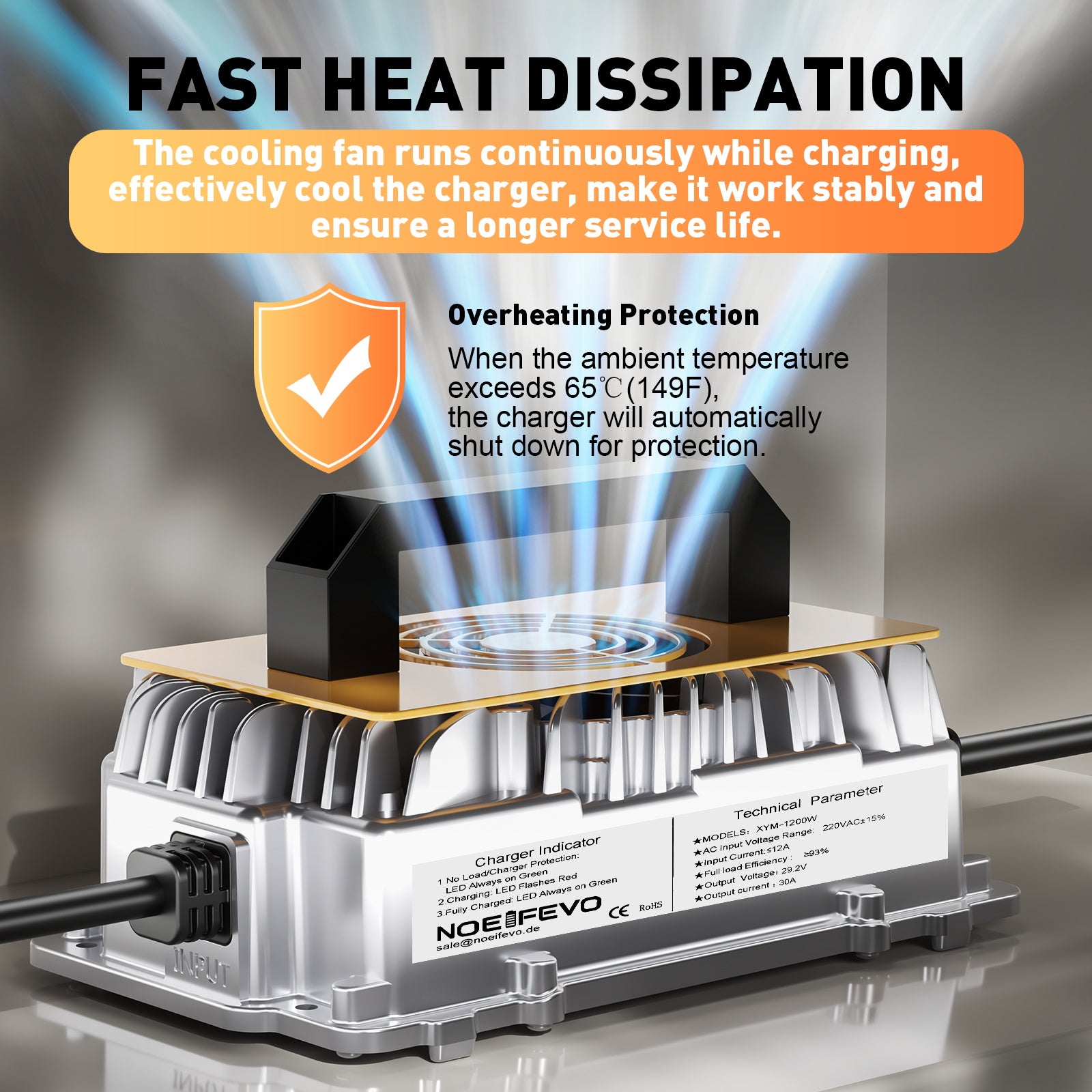 Noeifevo 29,2V 30A LiFePO4 nabíječka baterií pro 24V 25,6V lithiovou baterii, vodotěsná, 0V BMS aktivace, automatické vypnutí