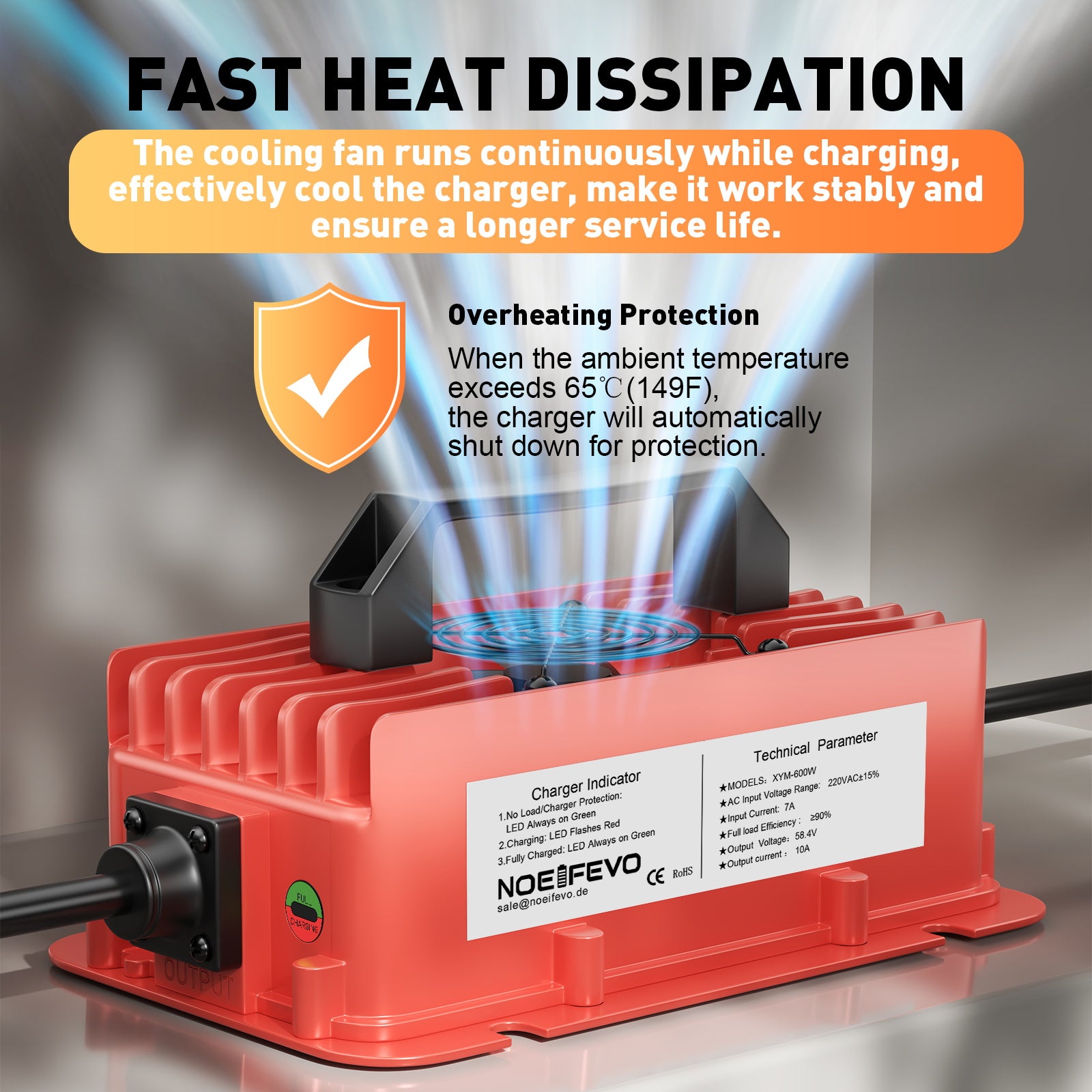 NOEIFEVO 58,4V 10A Lithium LiFePO4 batterilader for 51,2V(48V) 16S batteri, vanntett, automatisk avstenging med full beskyttelse