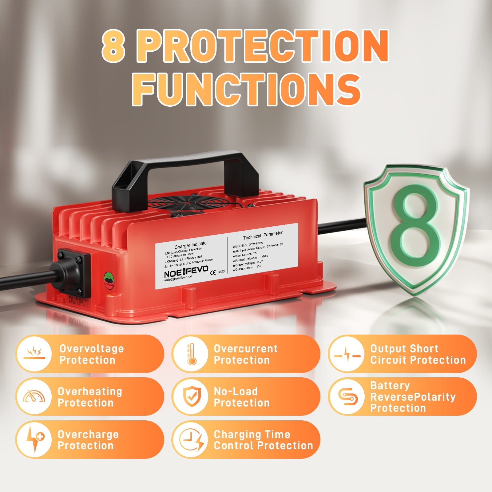 NOEIFEVO 29,2V 20A Vodotěsná LiFePO4 nabíječka baterií pro 25,6V(24V) 8S lithiovou baterii, 0V BMS aktivace, s plnou ochranou