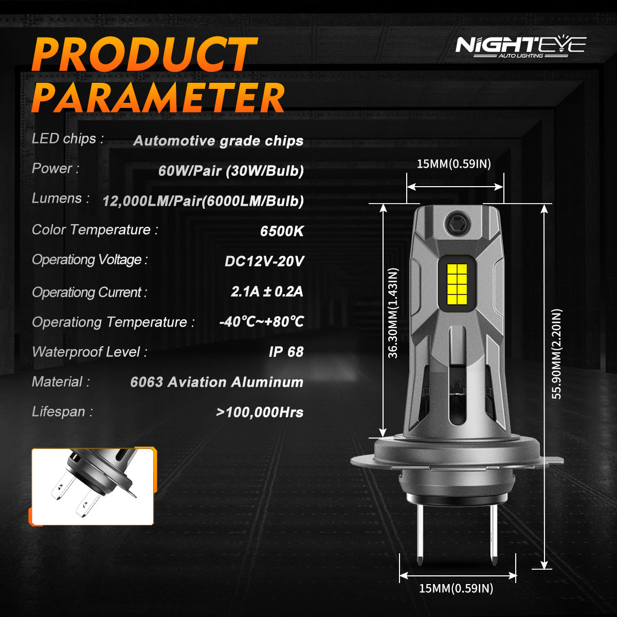 2 יחידות מנורת פנסים לרכב 60W 12000 לומן, נורת LED H7