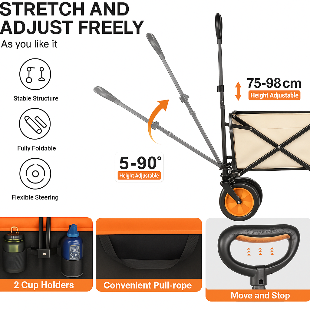 NOEIFEVO Carrito de mano plegable, carro de jardín plegable con asistencia eléctrica, capacidad de 200L, carga máxima de 150 kg, ruedas todoterreno para playa y portavasos, portátil para camping, actividades al aire libre, pesca, picnic