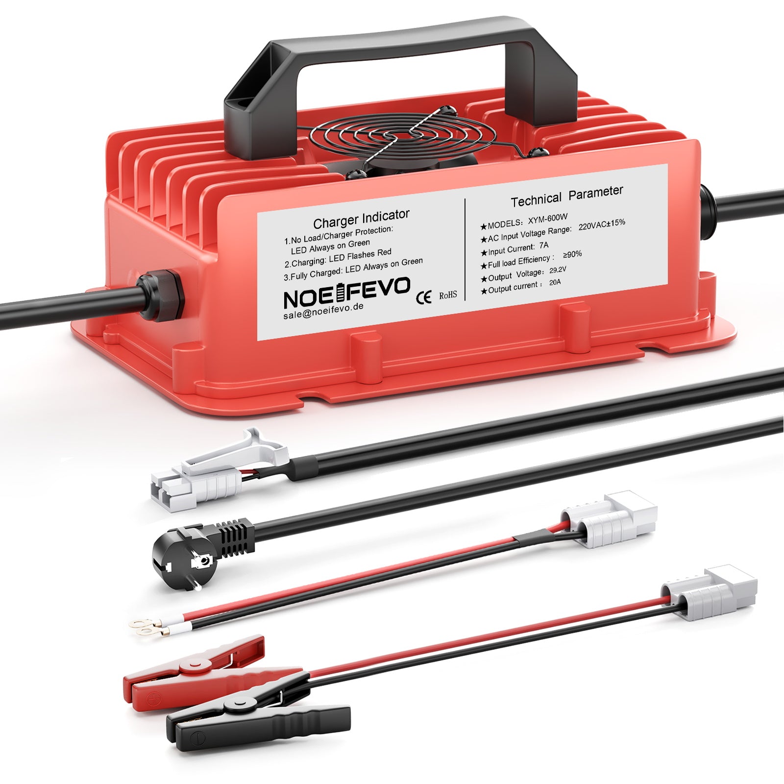 NOEIFEVO 29,2V 20A Vodotěsná LiFePO4 nabíječka baterií pro 25,6V(24V) 8S lithiovou baterii, 0V BMS aktivace, s plnou ochranou