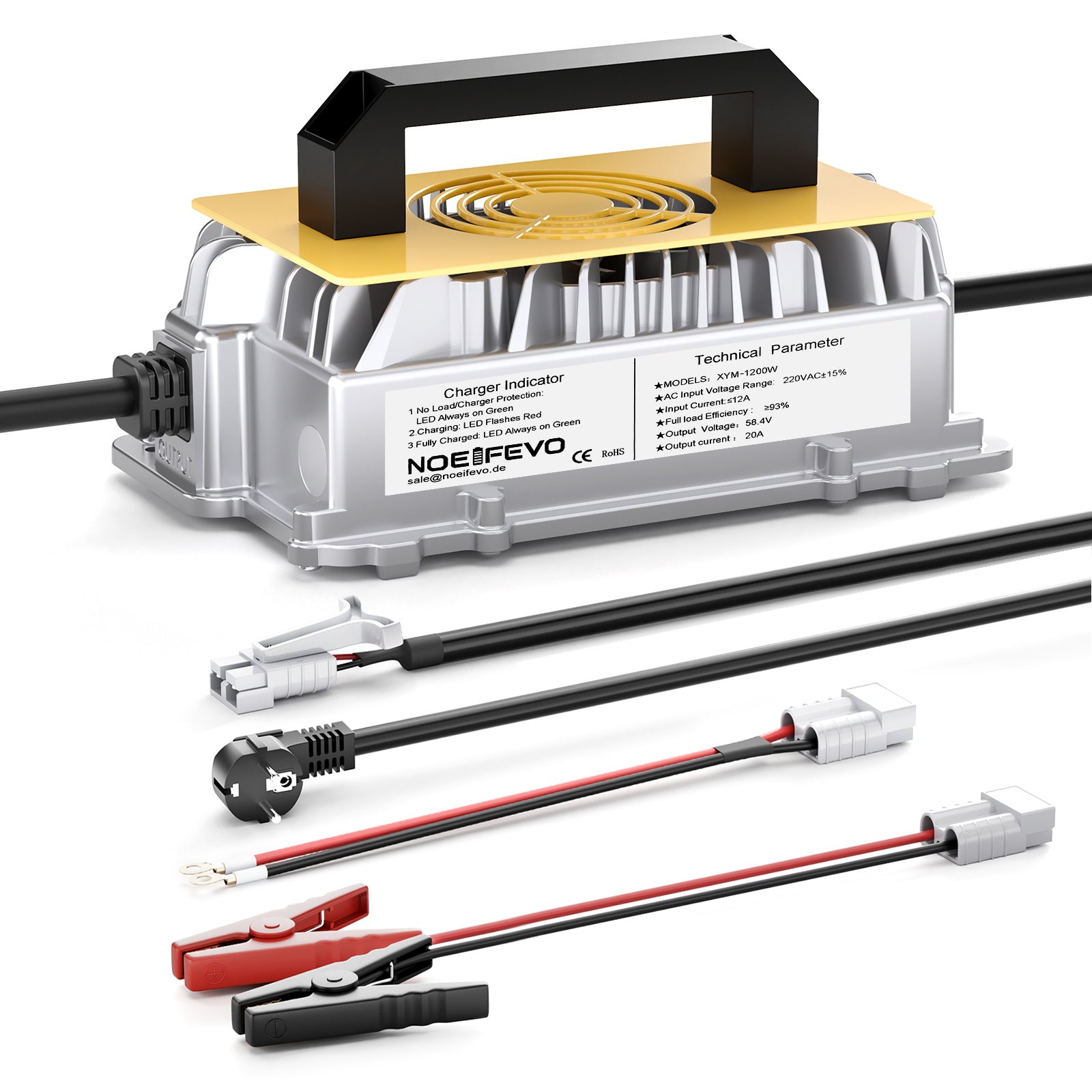 NOEIFEVO 58,4V 20A Lithium Lifepo4 nabíječka baterií pro 48V (51,2V)16S baterii, vodotěsná, 0 V BMS aktivace, automatické vypnutí s plnou ochranou