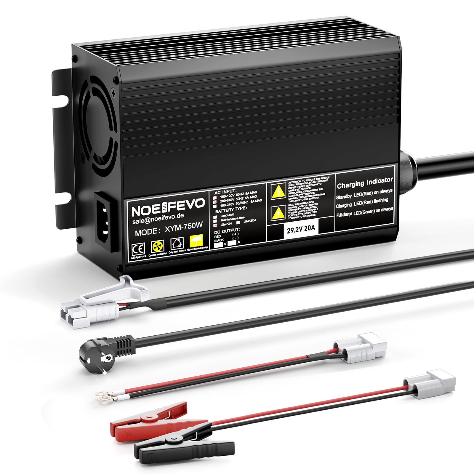 Noeifevo 29,2V 20A LiFePO4 batterilader for 24V 25,6V litiumbatteri, 0V BMS Aktiver, automatisk avstenging med full beskyttelse