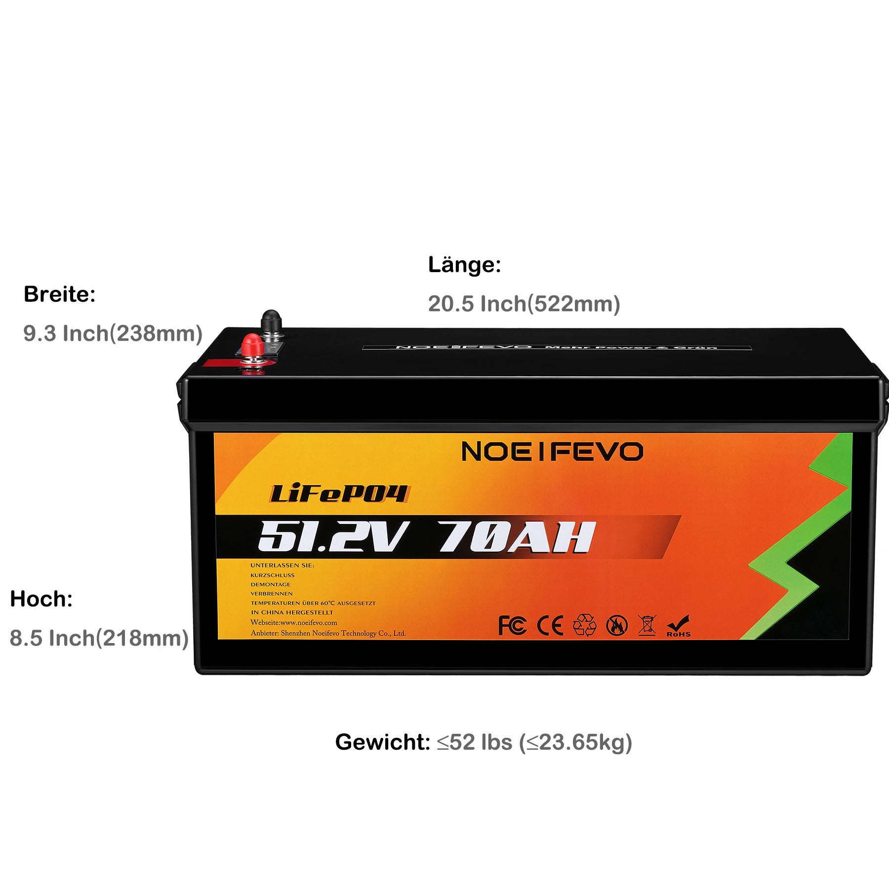 NOEIFEVO 3.5KWh 51.2V 70AH LiFePO4 Lithium Akku Batterie , 80A BMS,mit 58,4V 20A wasserdichtem Ladegerät
