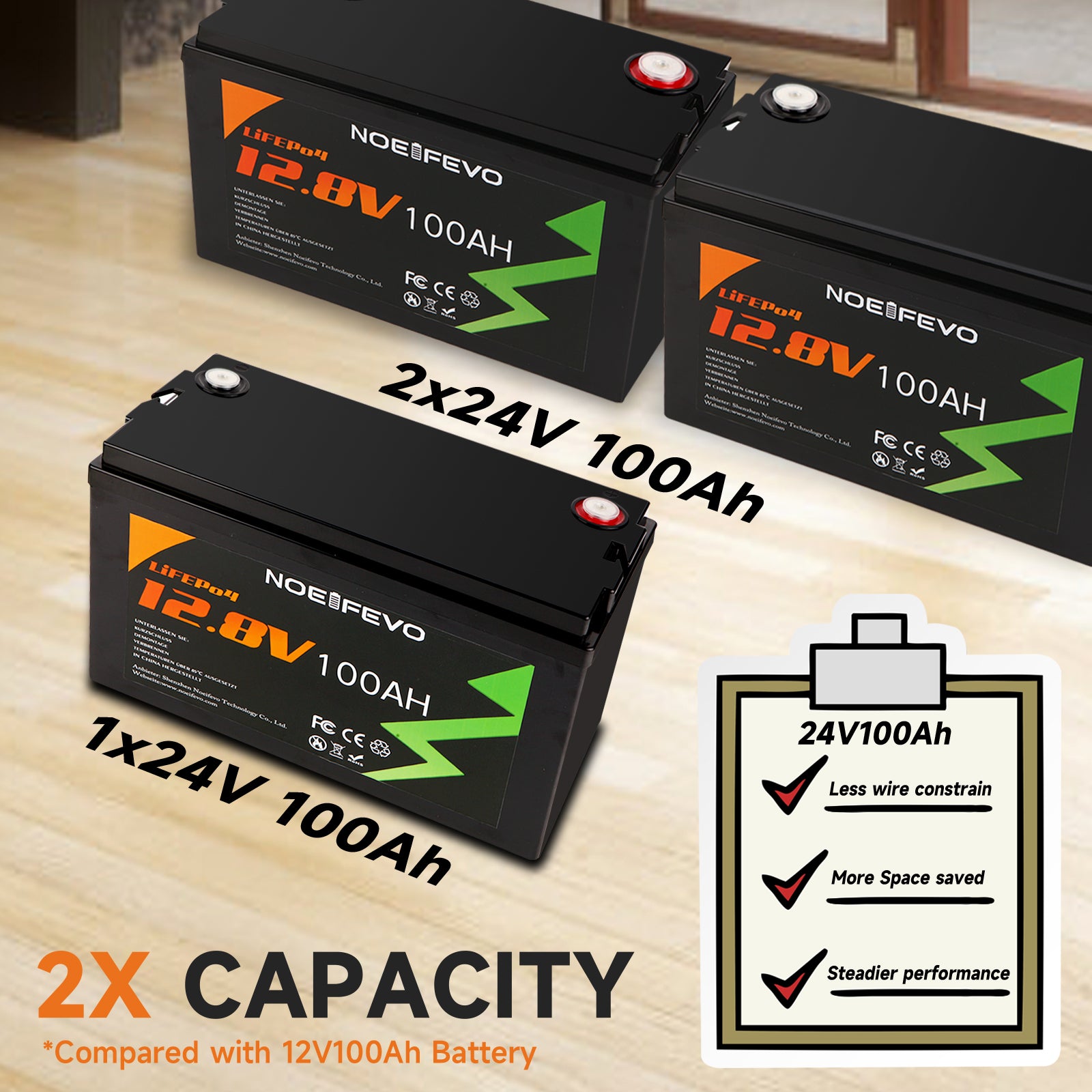 NOEIFEVO 12.8V 100Ah LiFePO4 Lithium Batterie, 1280Wh Lithium Batterie mit 100A BMS, 4000+ Ladezyklen, mit 14.6V 20A Ladegerät, perfekt als Stromquelle für Wohnmobil, Boot.