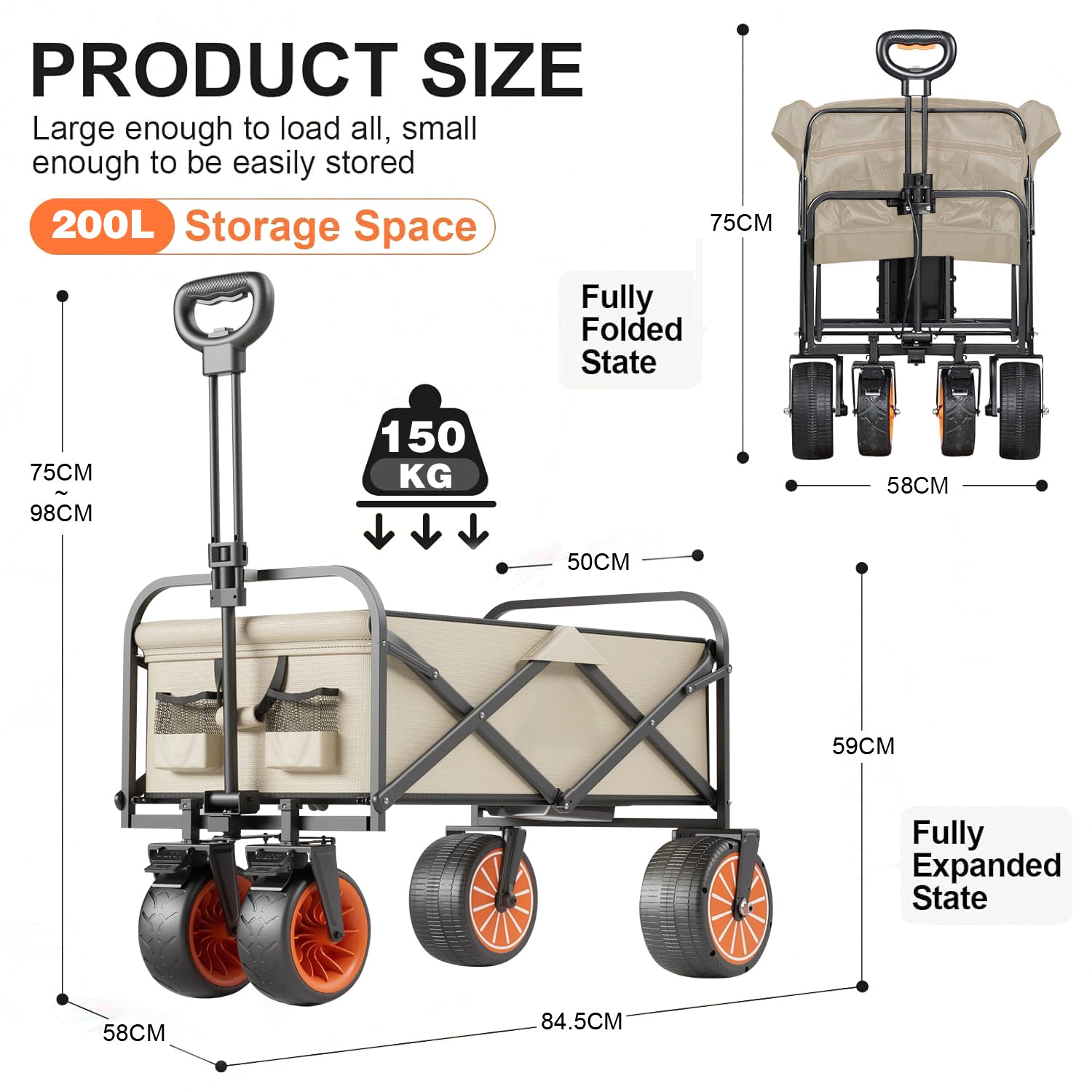 NOEIFEVO Carrito de mano plegable, carro de jardín plegable con asistencia eléctrica, capacidad de 200L, carga máxima de 150 kg, ruedas todoterreno para playa y portavasos, portátil para camping, actividades al aire libre, pesca, picnic