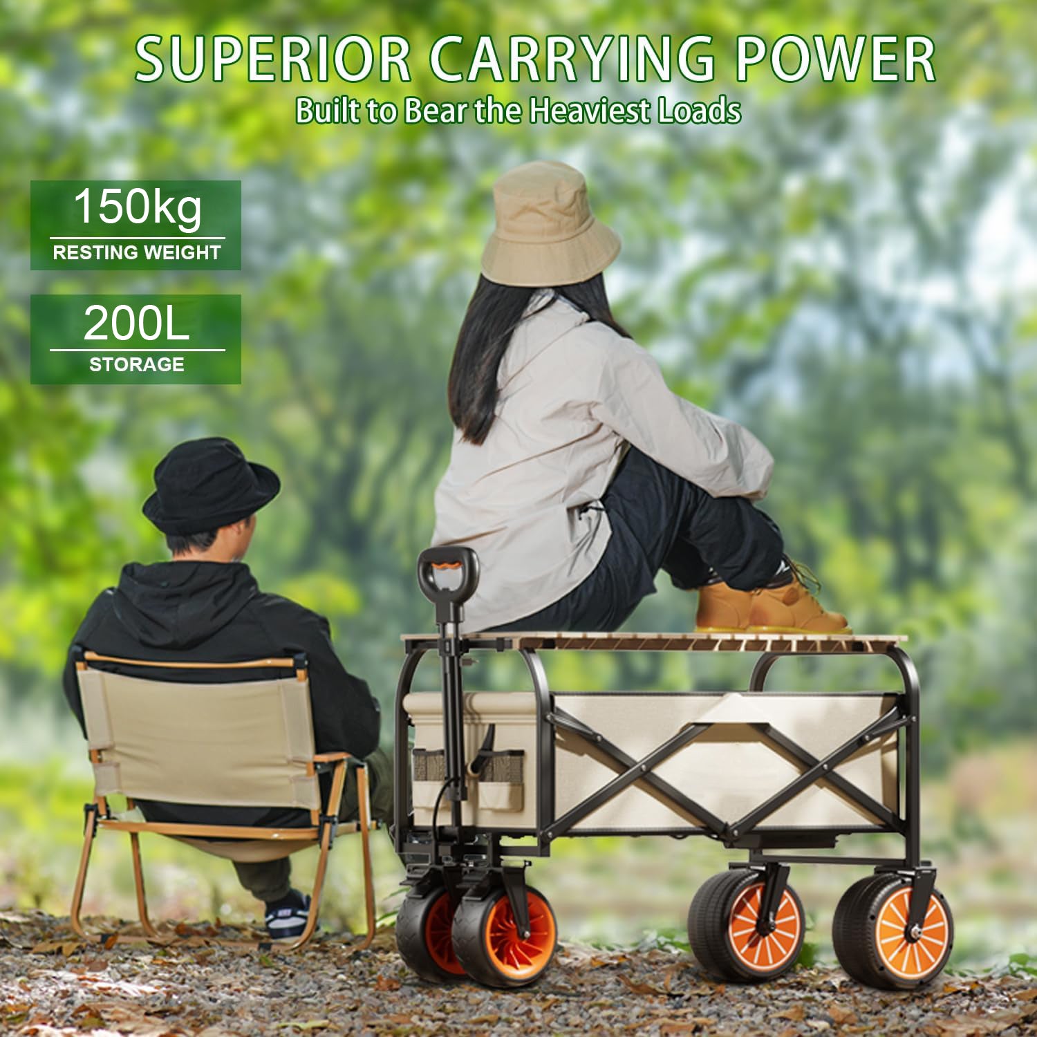 NOEIFEVO Carrito de mano plegable, carro de jardín plegable con asistencia eléctrica, capacidad de 200L, carga máxima de 150 kg, ruedas todoterreno para playa y portavasos, portátil para camping, actividades al aire libre, pesca, picnic