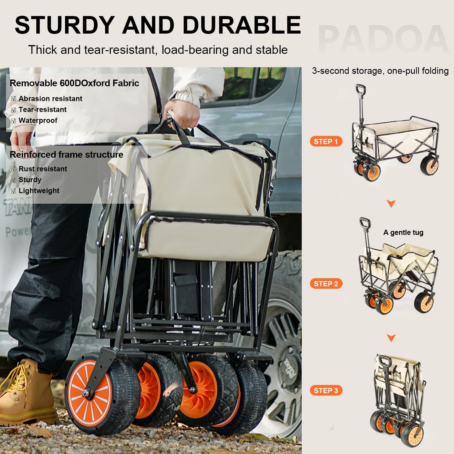 NOEIFEVO Carrito de mano plegable, carro de jardín plegable con asistencia eléctrica, capacidad de 200L, carga máxima de 150 kg, ruedas todoterreno para playa y portavasos, portátil para camping, actividades al aire libre, pesca, picnic
