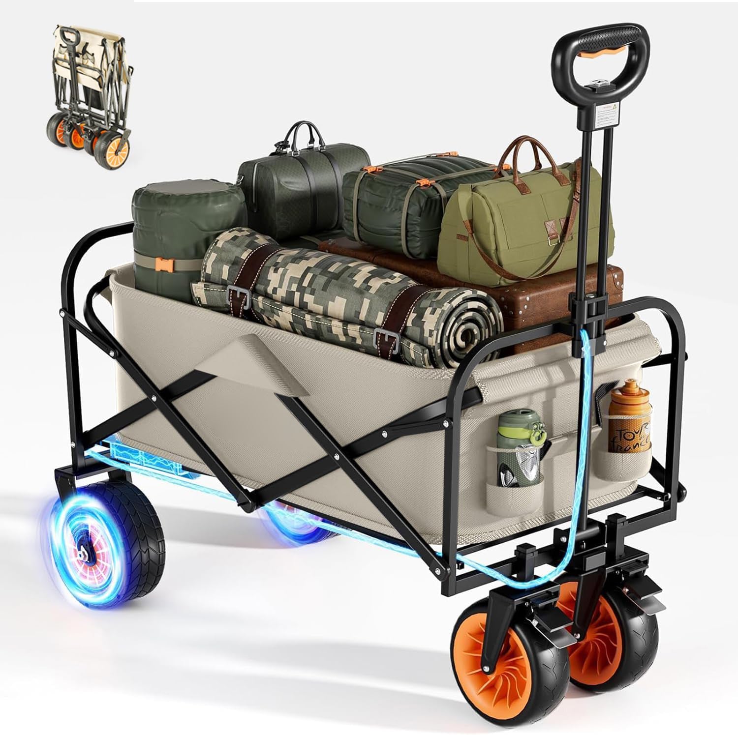 NOEIFEVO Carrito de mano plegable, carro de jardín plegable con asistencia eléctrica, capacidad de 200L, carga máxima de 150 kg, ruedas todoterreno para playa y portavasos, portátil para camping, actividades al aire libre, pesca, picnic