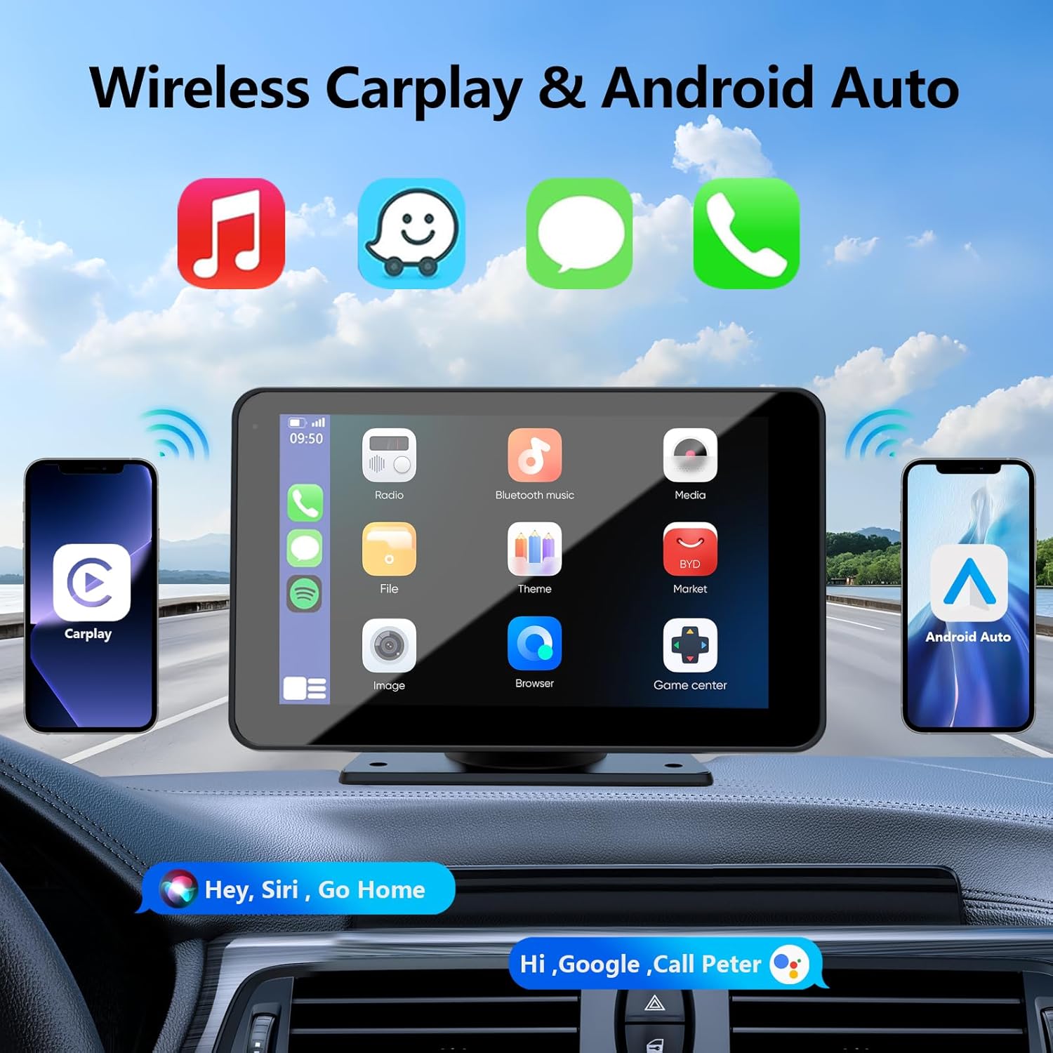 Langaton CarPlay ajoneuvoille, 7" HD GPS-navigaatiolla kannettava auto-stereo-kosketusnäyttö Apple CarPlaylla, Android Autolla, peruutuskameralla, auto-äänivastaanottimella ääniohjauksella, Mirror Linkillä, Bluetoothilla