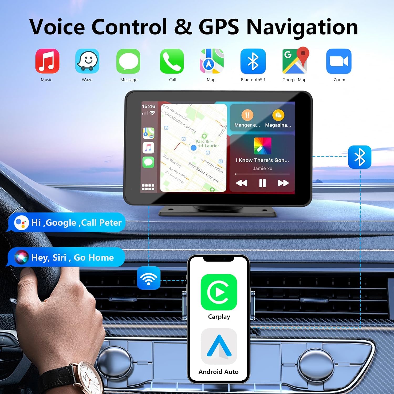 Langaton CarPlay ajoneuvoille, 7" HD GPS-navigaatiolla kannettava auto-stereo-kosketusnäyttö Apple CarPlaylla, Android Autolla, peruutuskameralla, auto-äänivastaanottimella ääniohjauksella, Mirror Linkillä, Bluetoothilla
