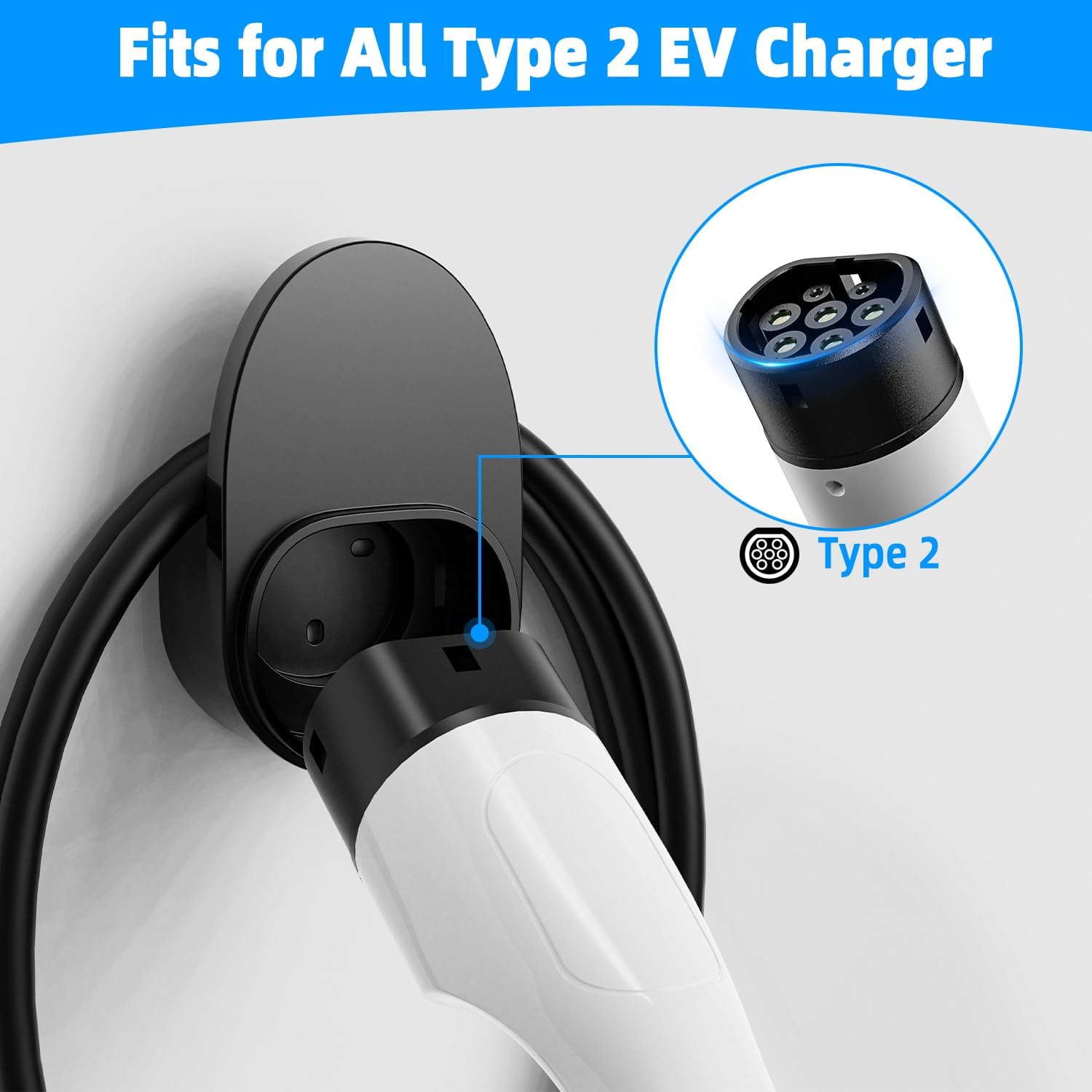 Halteri latausliittimelle tyyppi 2, kestävä ja pitkäikäinen kaapelipidike seinäkiinnitykseen, kaapelipidike seinäpistorasiaan, liitinpidike tyyppi 2, yhteensopiva kaikkien tyyppi 2 latauskaapeleiden kanssa