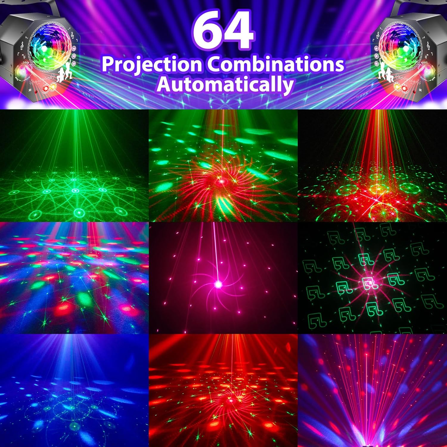 4-i-1 discokule – partylampe med 64 mønstre, musikkstyrt discolampe med fjernkontroll, RGB-UV-strobelys for hjemmet, bar, klubb, uteområder og bursdagsfester