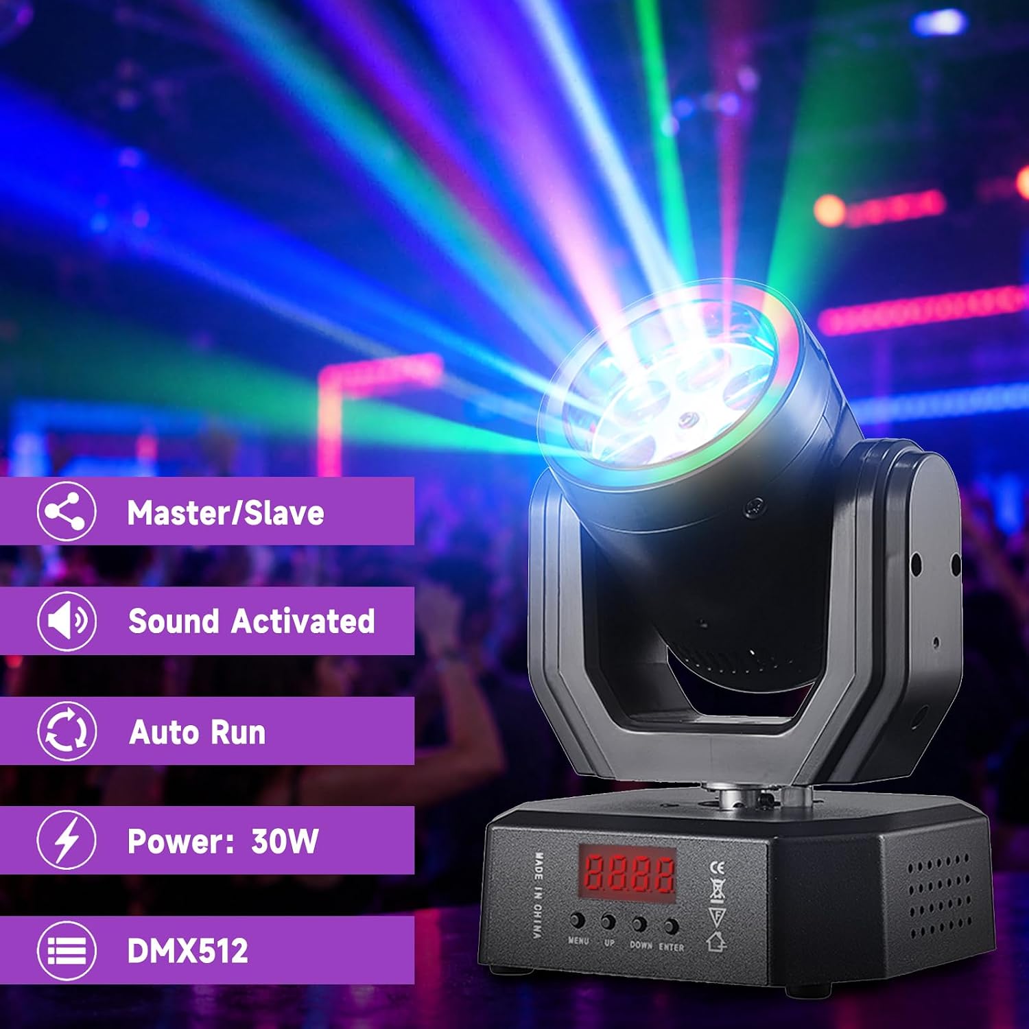 Mini 30W Partylicht Moving Head RGB DMX512 Musiksteuerung Stroboskop Bühnenstrahler für DJ Disco Party Weihnachten