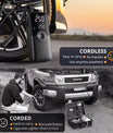 Pompa ad aria elettrica, pompa ad aria a batteria da 150 PSI, pressione dei pneumatici preimpostata per auto/moto/bicicletta/pallone, gonfiaggio con un solo pulsante e arresto automatico, pompa per bicicletta con luce LED e power bank