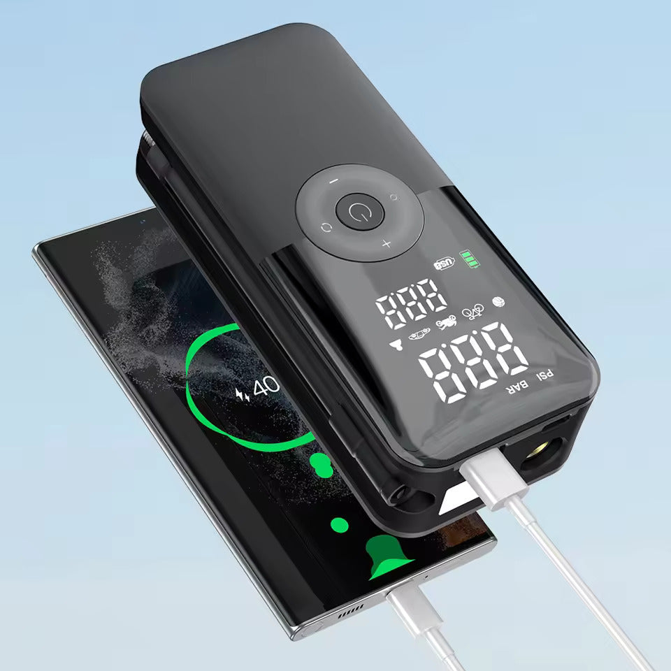 Pompa ad aria elettrica, pompa ad aria a batteria da 150 PSI, pressione dei pneumatici preimpostata per auto/moto/bicicletta/pallone, gonfiaggio con un solo pulsante e arresto automatico, pompa per bicicletta con luce LED e power bank