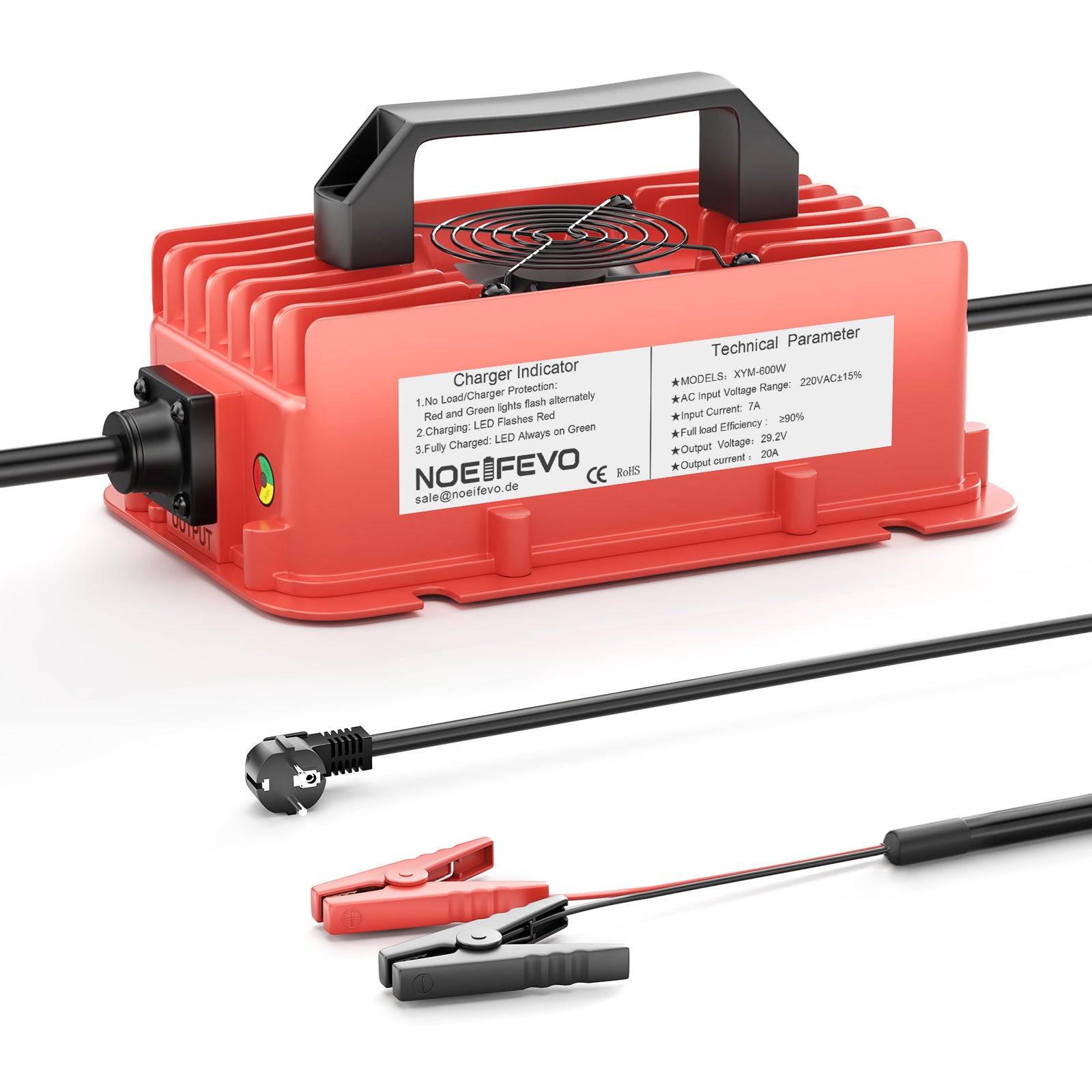 NOEIFEVO 29,2 V 20A LiFePO4 batteria per Caricabatterie impermeabile  per batteria al litio 25,6 V (24 V) 8S, attivazione BMS 0 V, con protezione completa