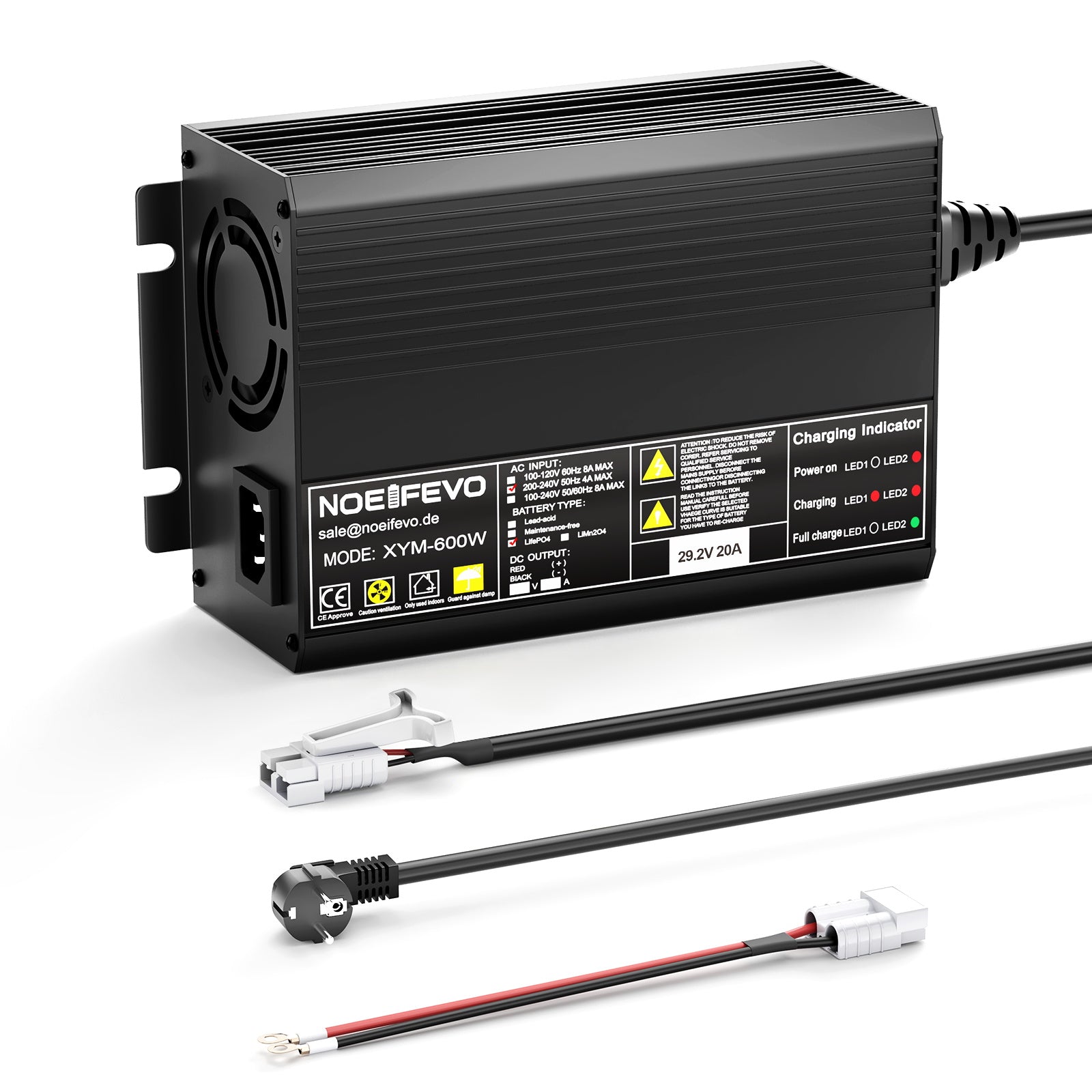 Noeifevo 29,2 V 20 A LiFePO4 Caricabatterie per batteria al litio 24 V 25,6 V, attivazione BMS 0 V, spegnimento automatico con protezione completa