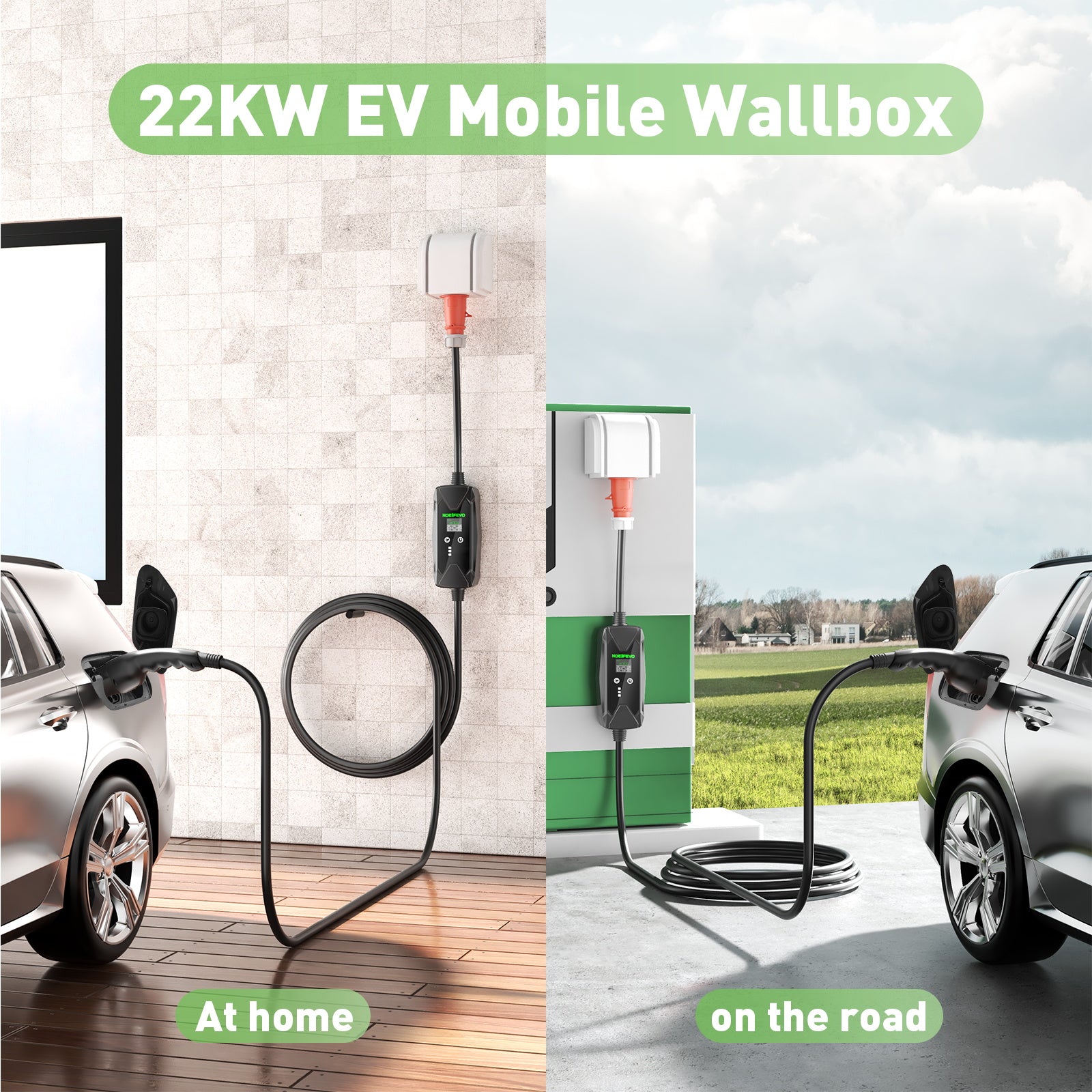 22KW 32A 3 fas Mobile EV Wallbox, typ 2 snabbladdare för elfordon, 5 meter kabel, CEE 32A-kontakt