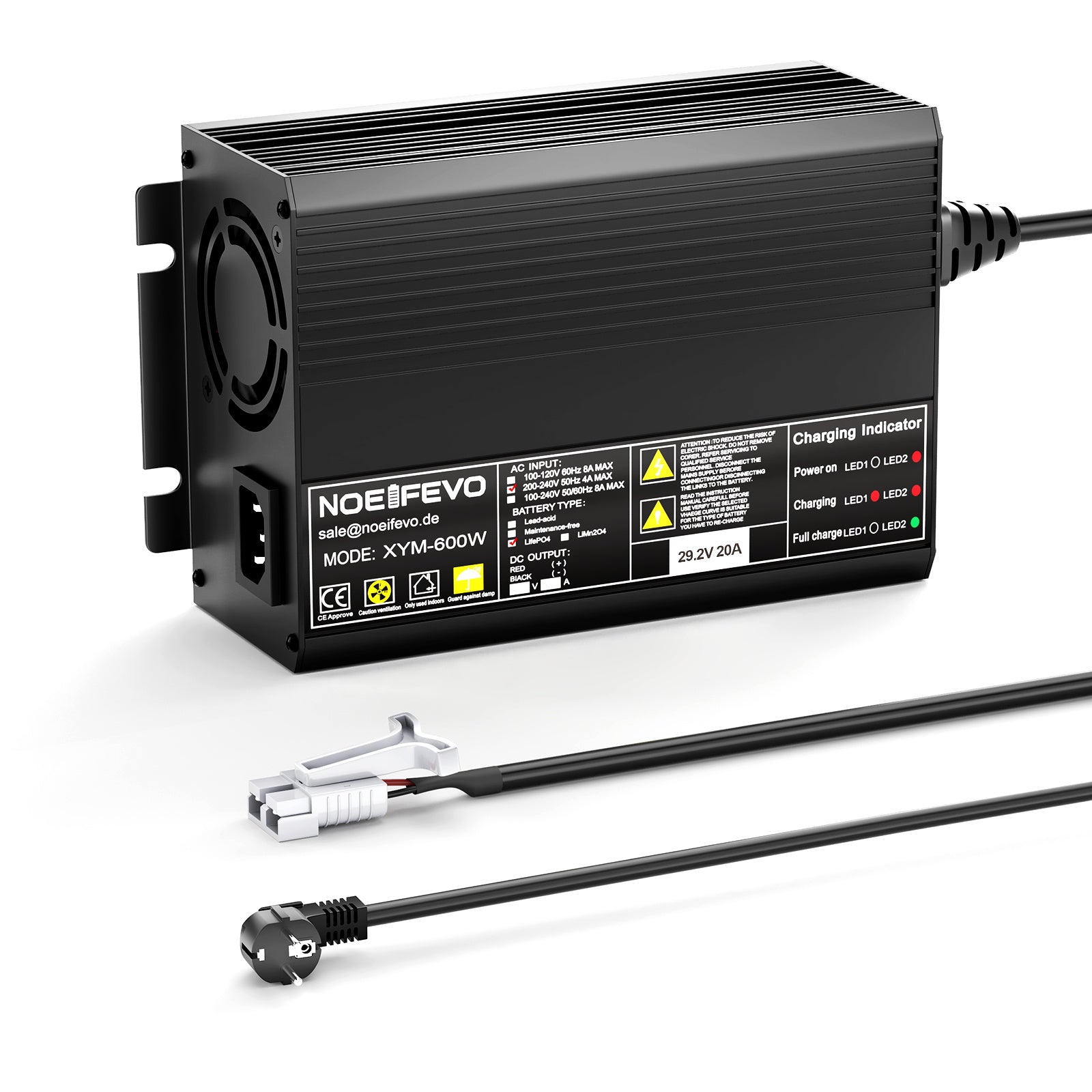 Noeifevo 29,2 V 20 A LiFePO4 Caricabatterie per batteria al litio 24 V 25,6 V, attivazione BMS 0 V, spegnimento automatico con protezione completa