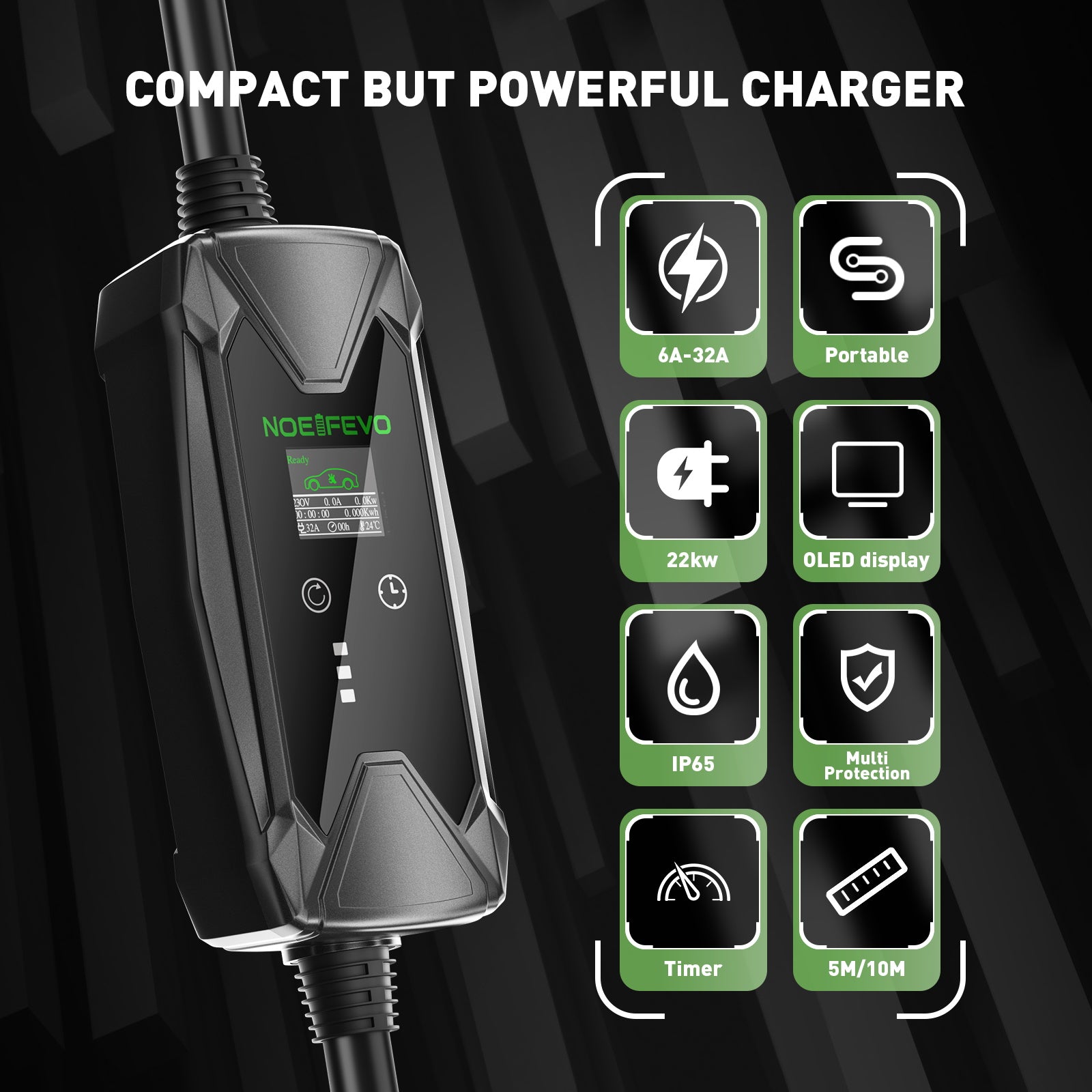 22KW 32A 3 Phase Mobile EV Wallbox , Type 2 Fast Charging Electric Vehicles Charger, 5Meters Cable, CEE 32A Plug