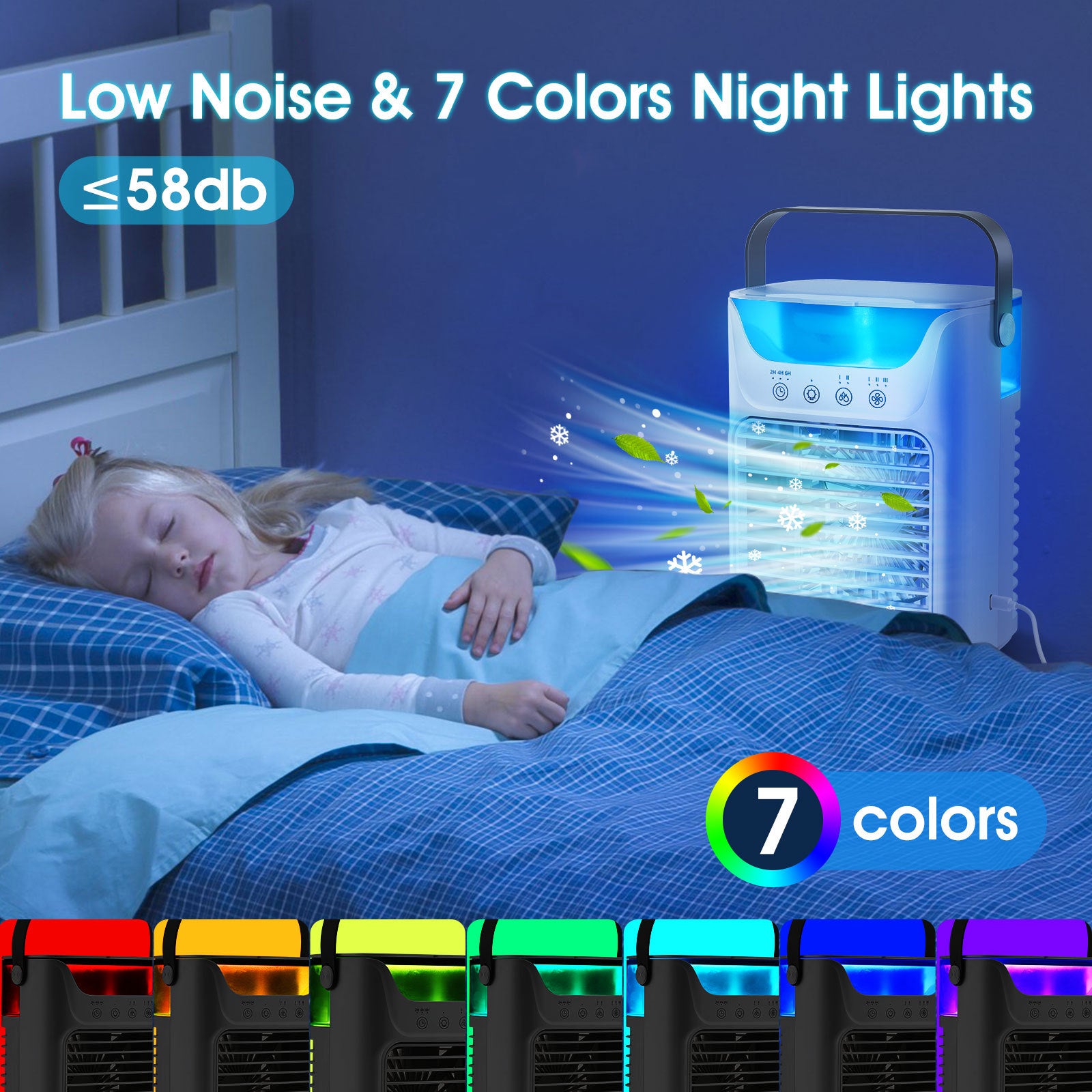 Mobil luftkonditionering, 700 ml mini luftkonditionering, bärbar mobil luftkonditionering 4 i 1 med USB, med timer på 2/4/6 timmar, 3 hastigheter och 2 dimlägen, 7 färger, mini luftkylare för hemmet, kontoret